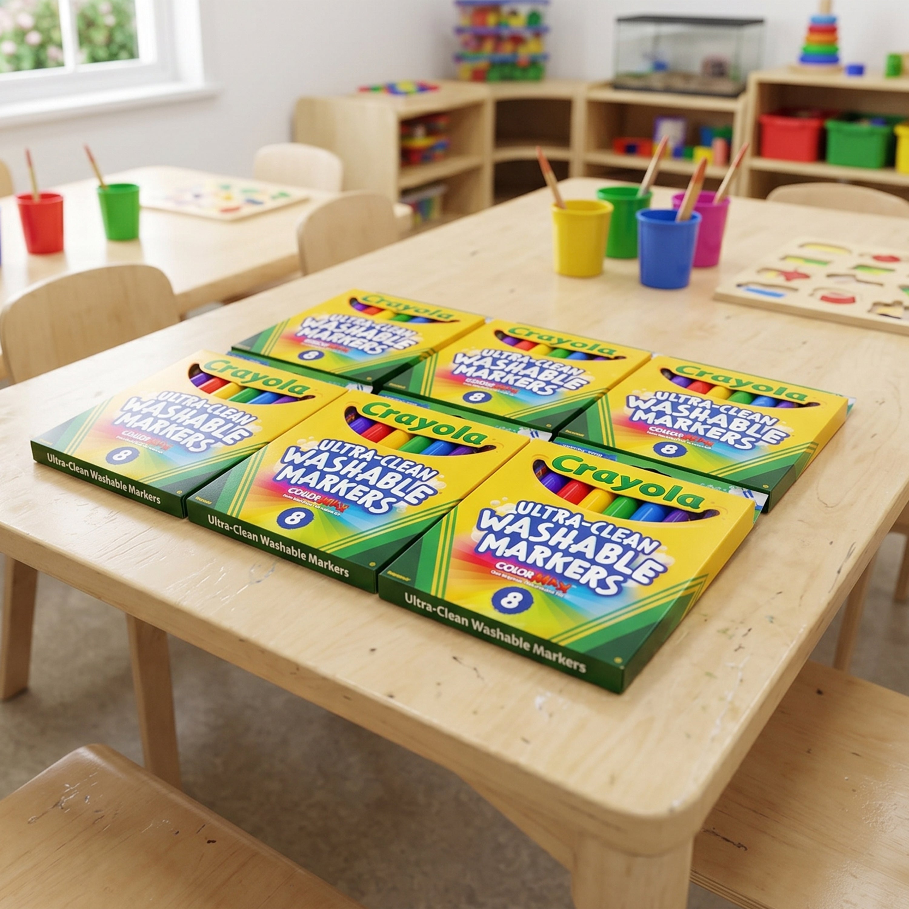 Crayola ultra-clean washable markers boxes on a classroom table with educational materials in the background.