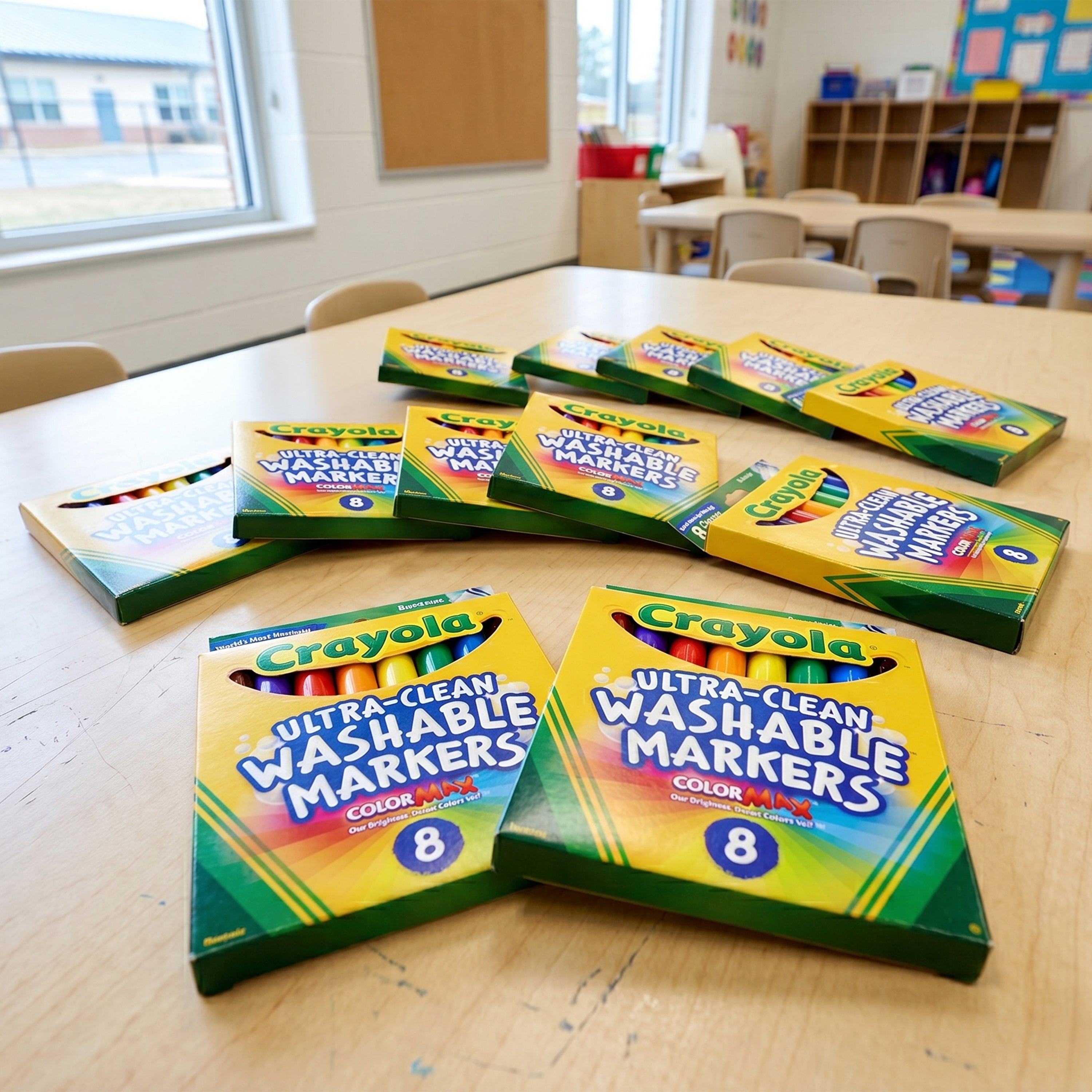Crayola Ultra-Clean Washable Markers boxes on a classroom table