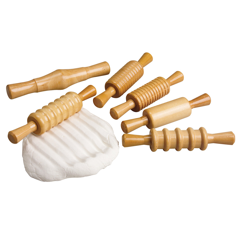 Clay Impression Rollers | Set of 6 Patterned Wooden Rolling Pins for Clay & Dough