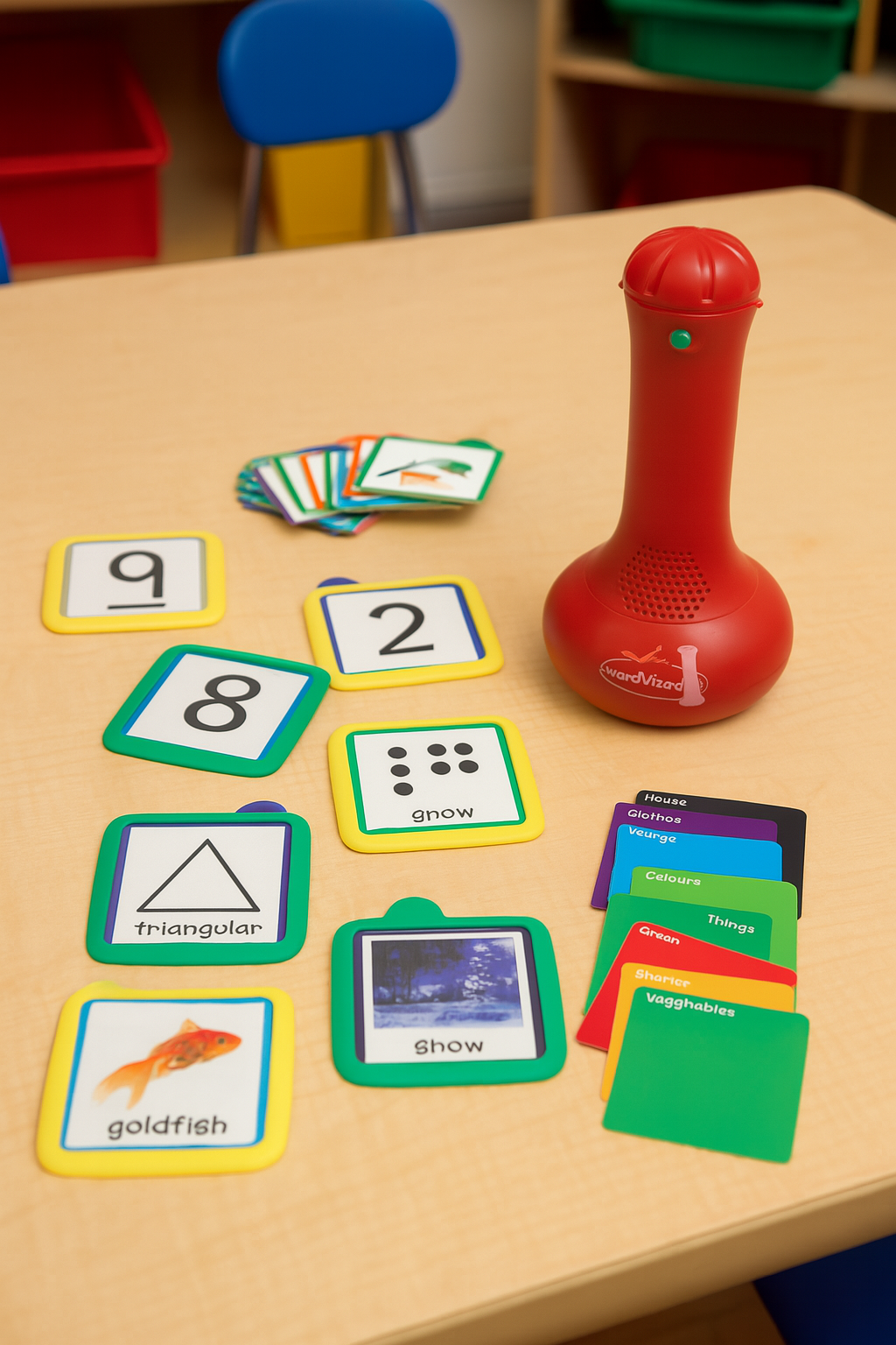 Educational game setup with cards and a red toy on a table