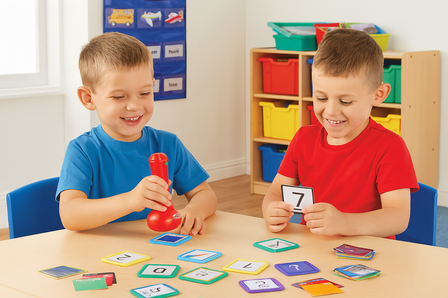 Two children playing with educational cards at a table in a classroom setting.