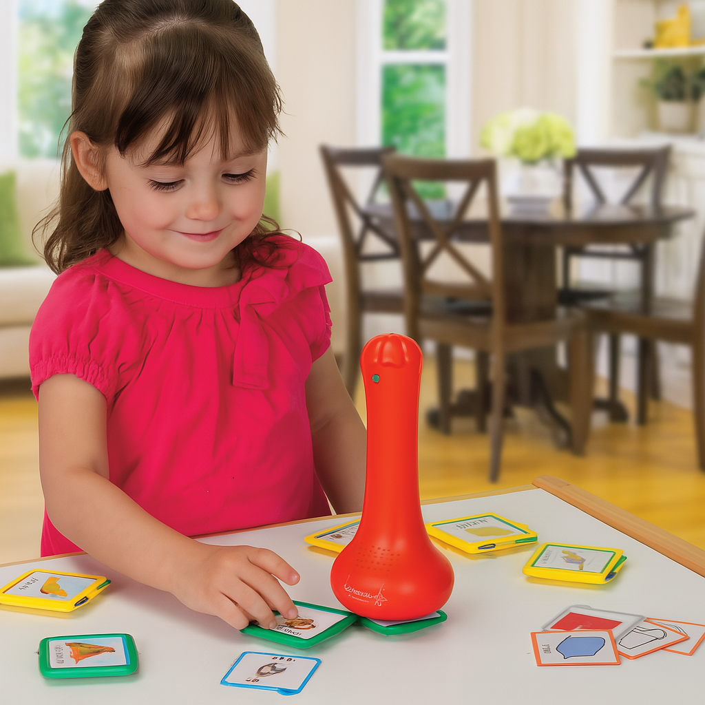 Child playing with educational cards and a red toy in a home setting