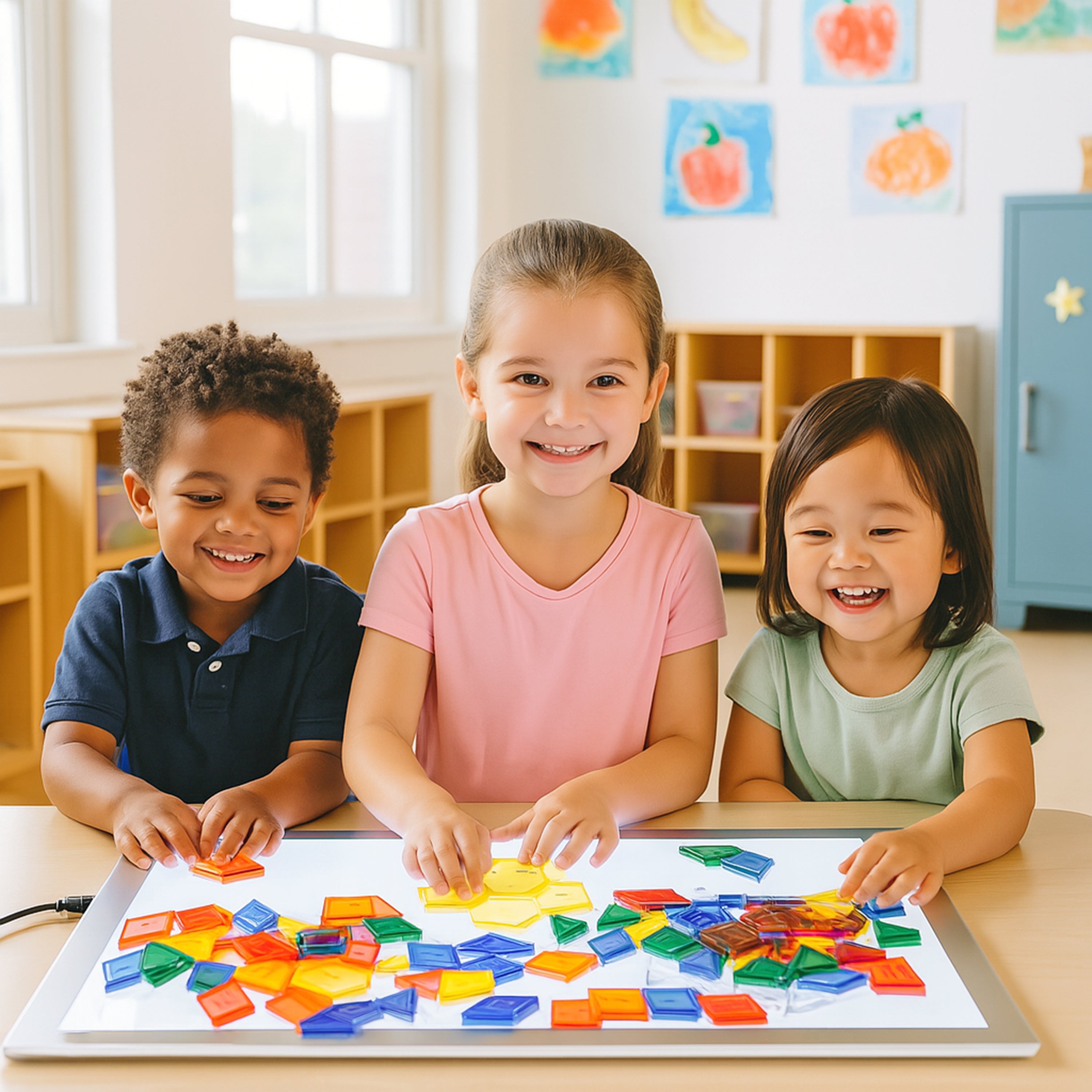 Three children playing with colorful magnetic tiles on a table in a classroom setting.