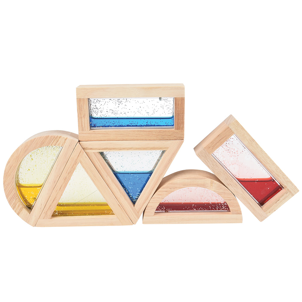 A set of hardwood framed blocks filled with colorful glittery water in different shapes, including rectangle, triangle, and half circle on white background