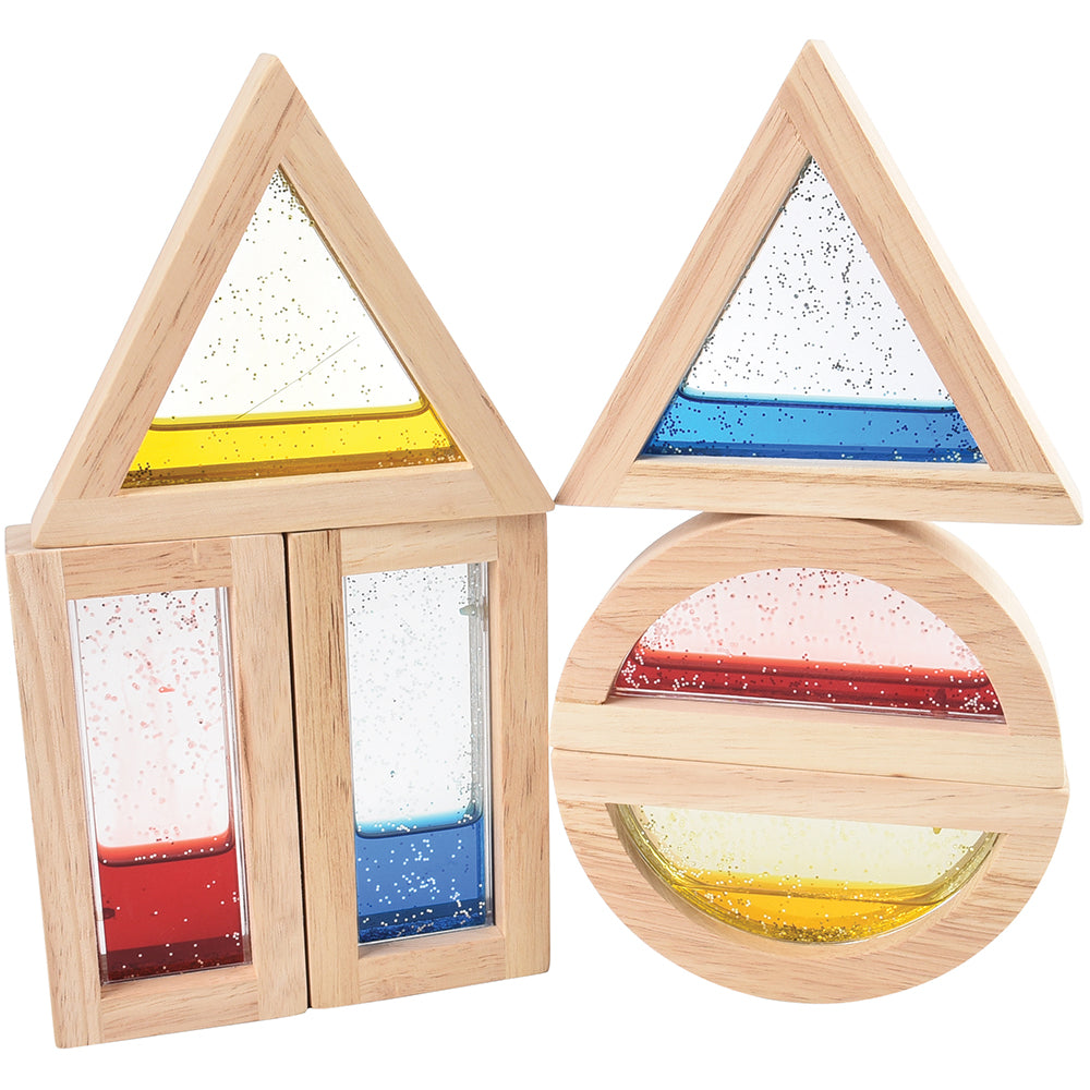 A set of hardwood framed blocks filled with colorful glittery water in different shapes, including rectangle, triangle, and half circle.