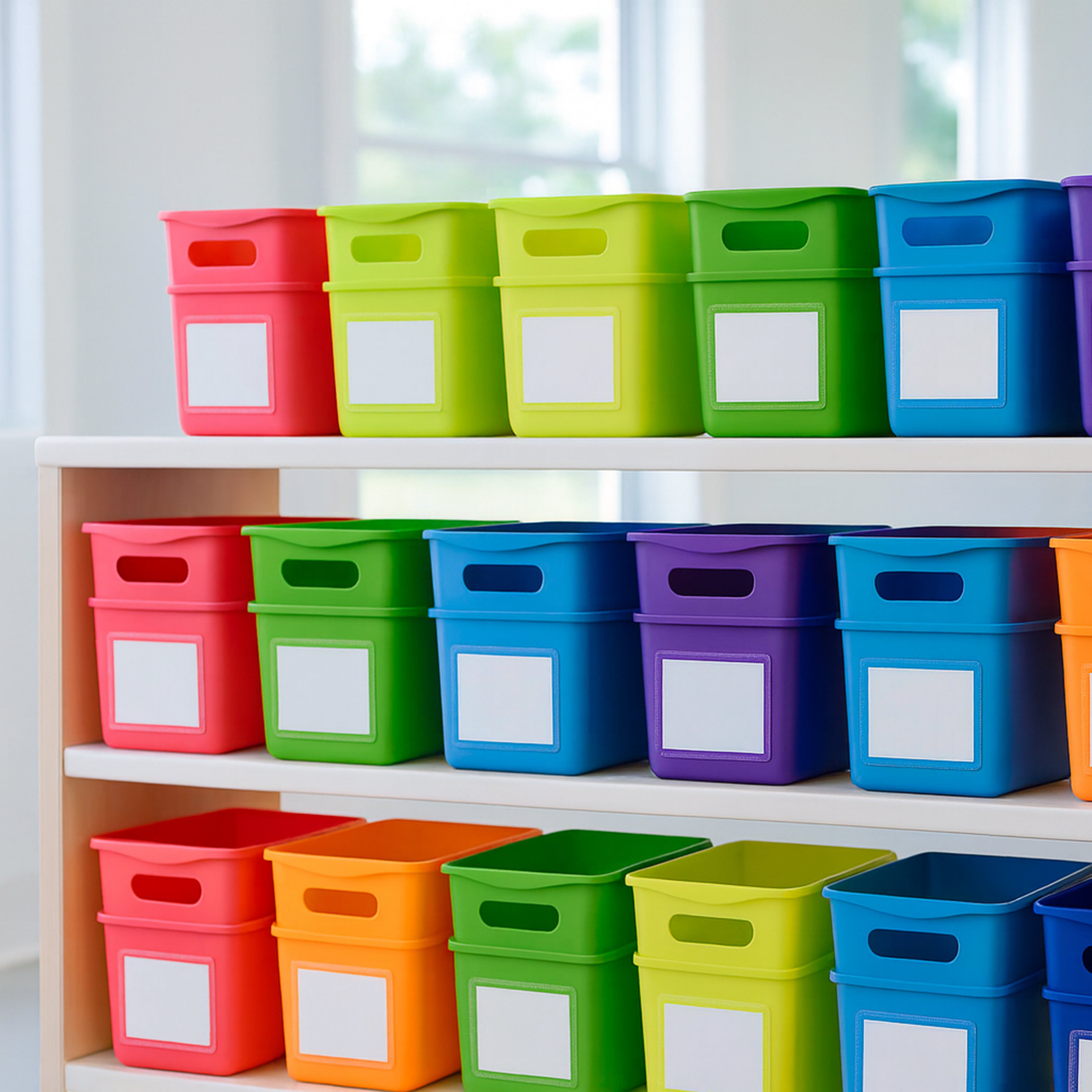 Colorful storage bins with labels on a shelf