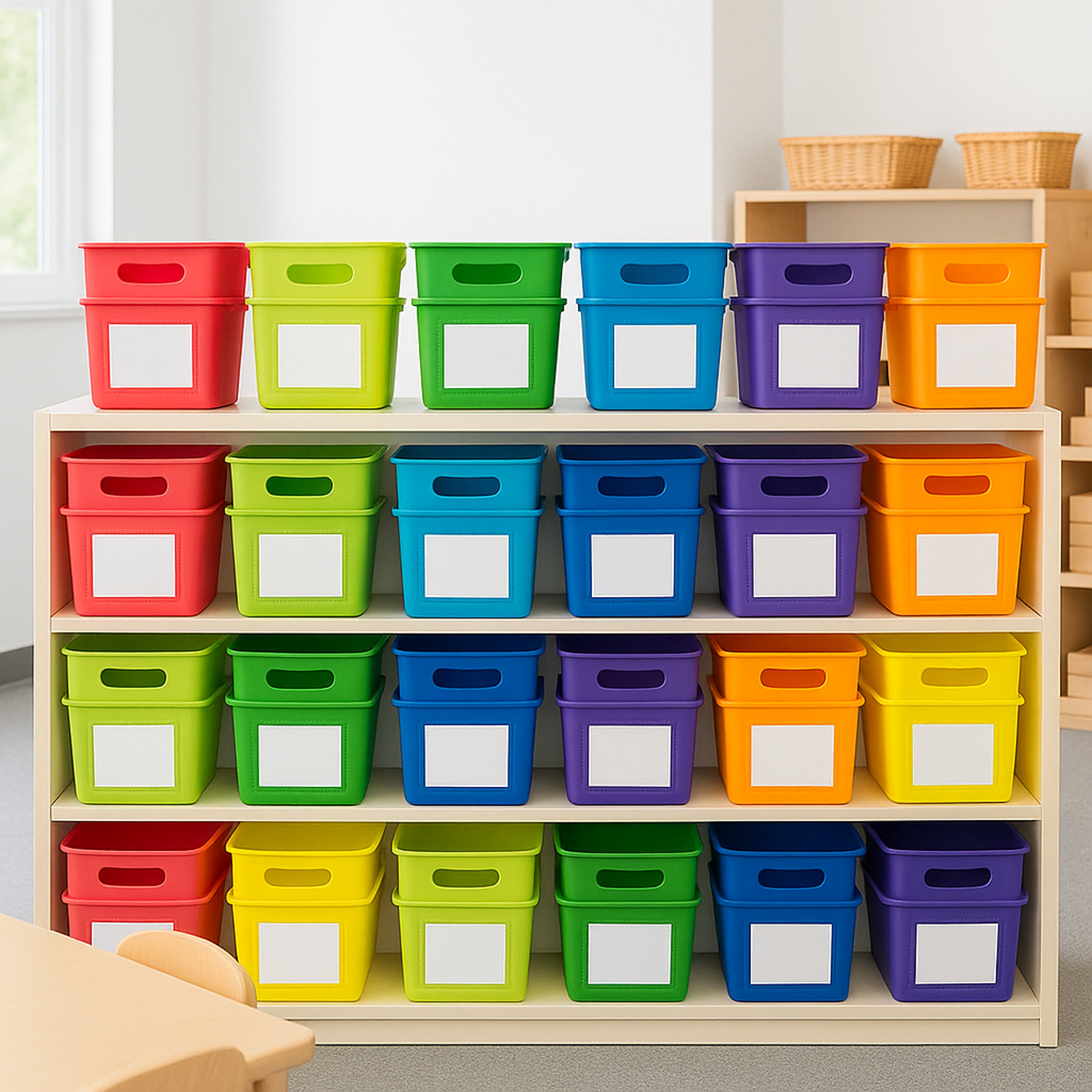 Colorful storage bins with labels on a wooden shelf in a classroom setting.
