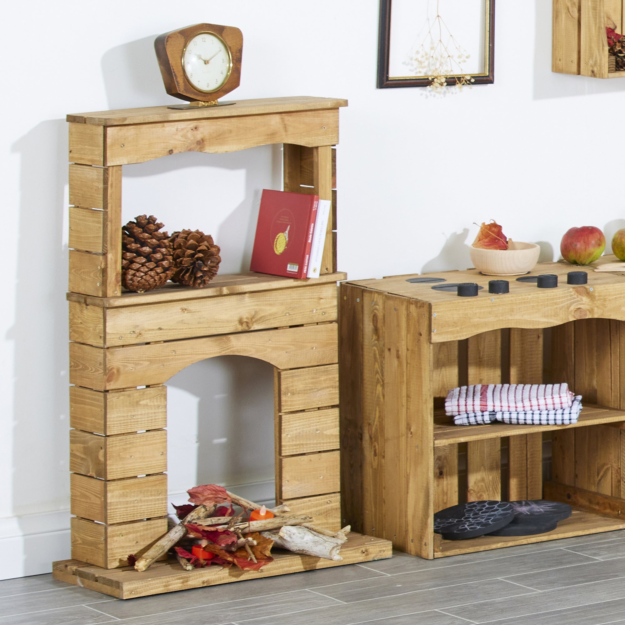 Wooden fireplace and shelf unit with decorative items in a room setting.