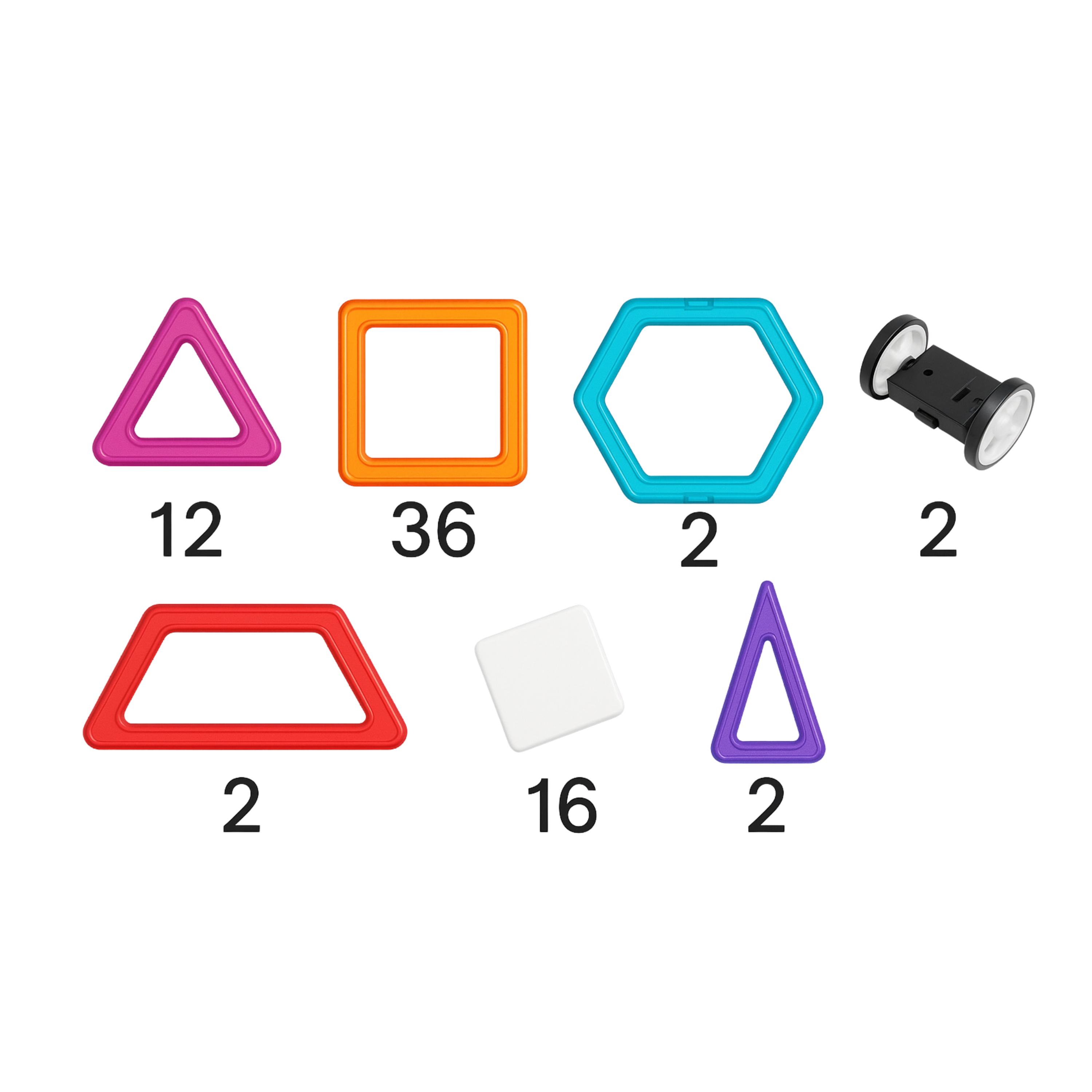 Colorful geometric shape stamps with numbers indicating quantity on a white background