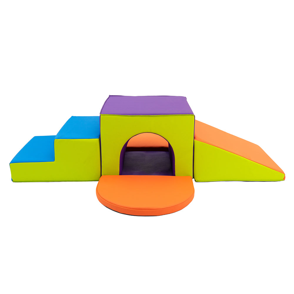 Colorful children's play structure with multiple levels and a slide on a white background