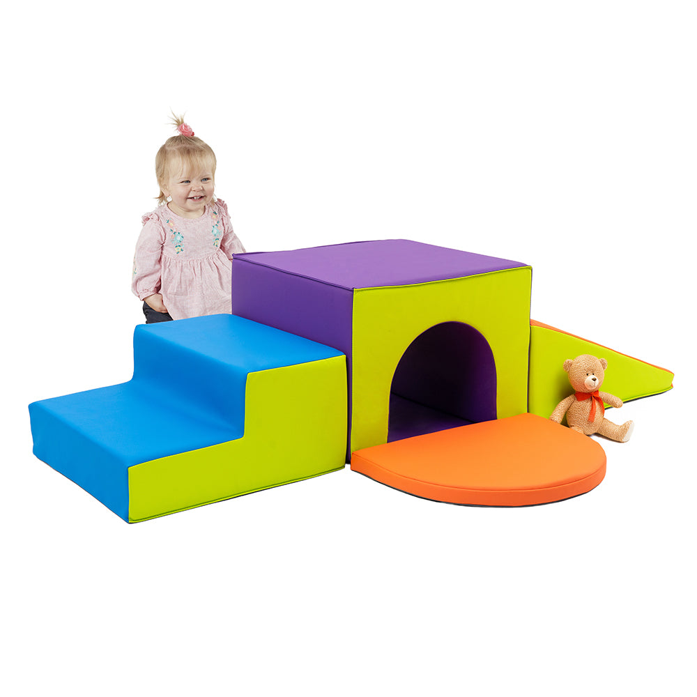 Colorful foam play structure with a child and teddy bear on a white background