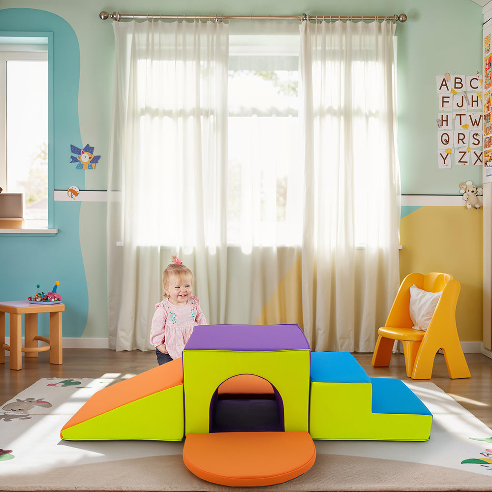 Child playing with colorful play structure in a room with a window and wall decorations.