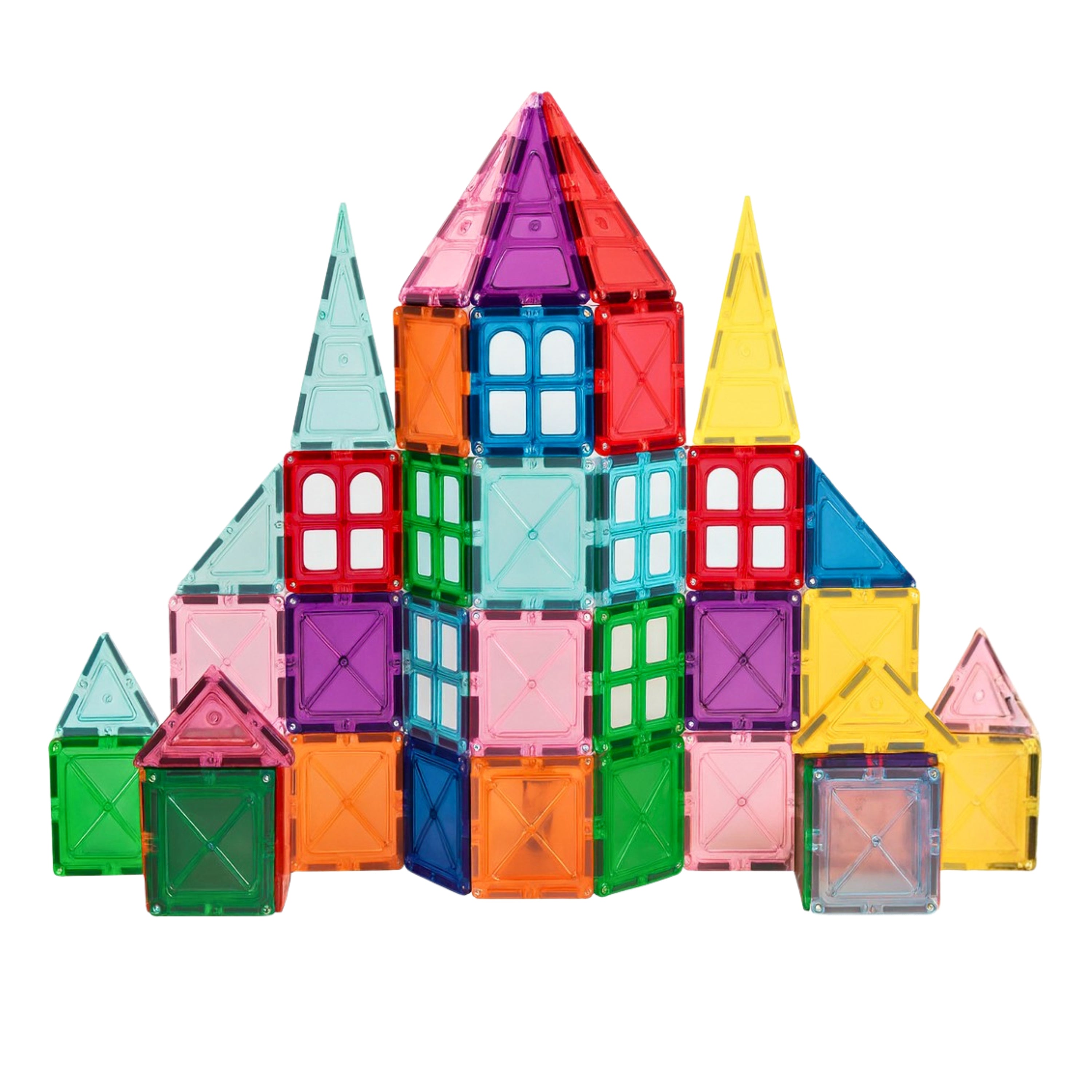 Colorful magnetic building blocks arranged to resemble a castle on a white background