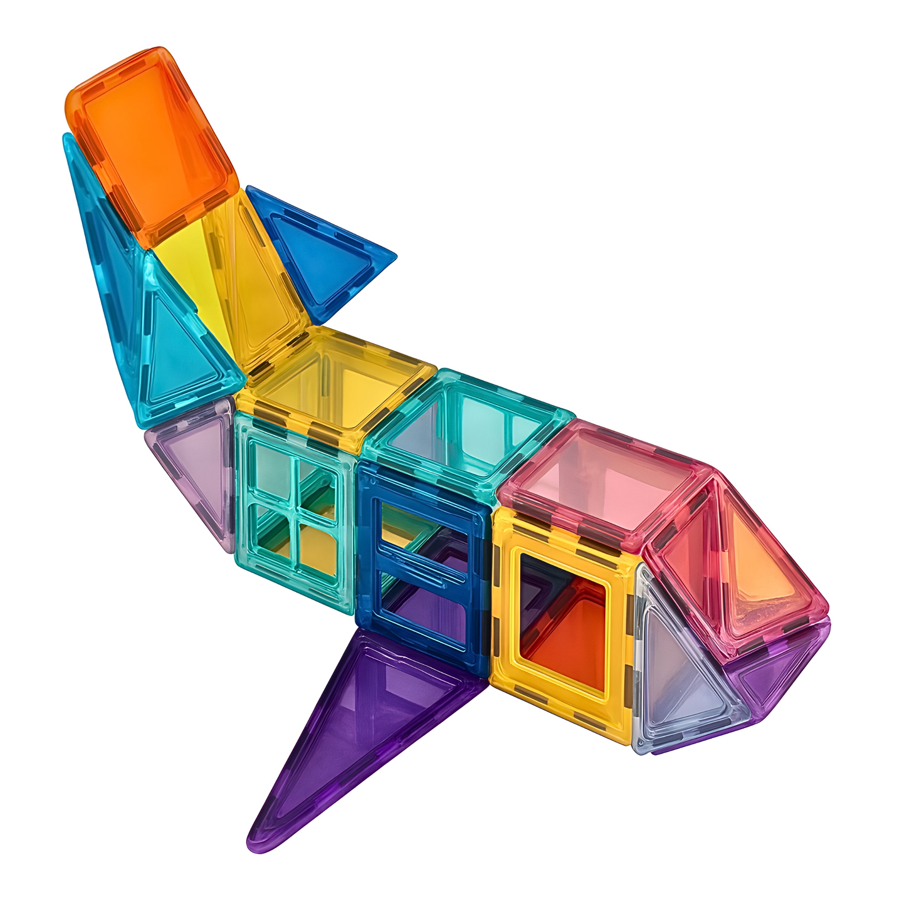 Colorful magnetic building blocks on a white background