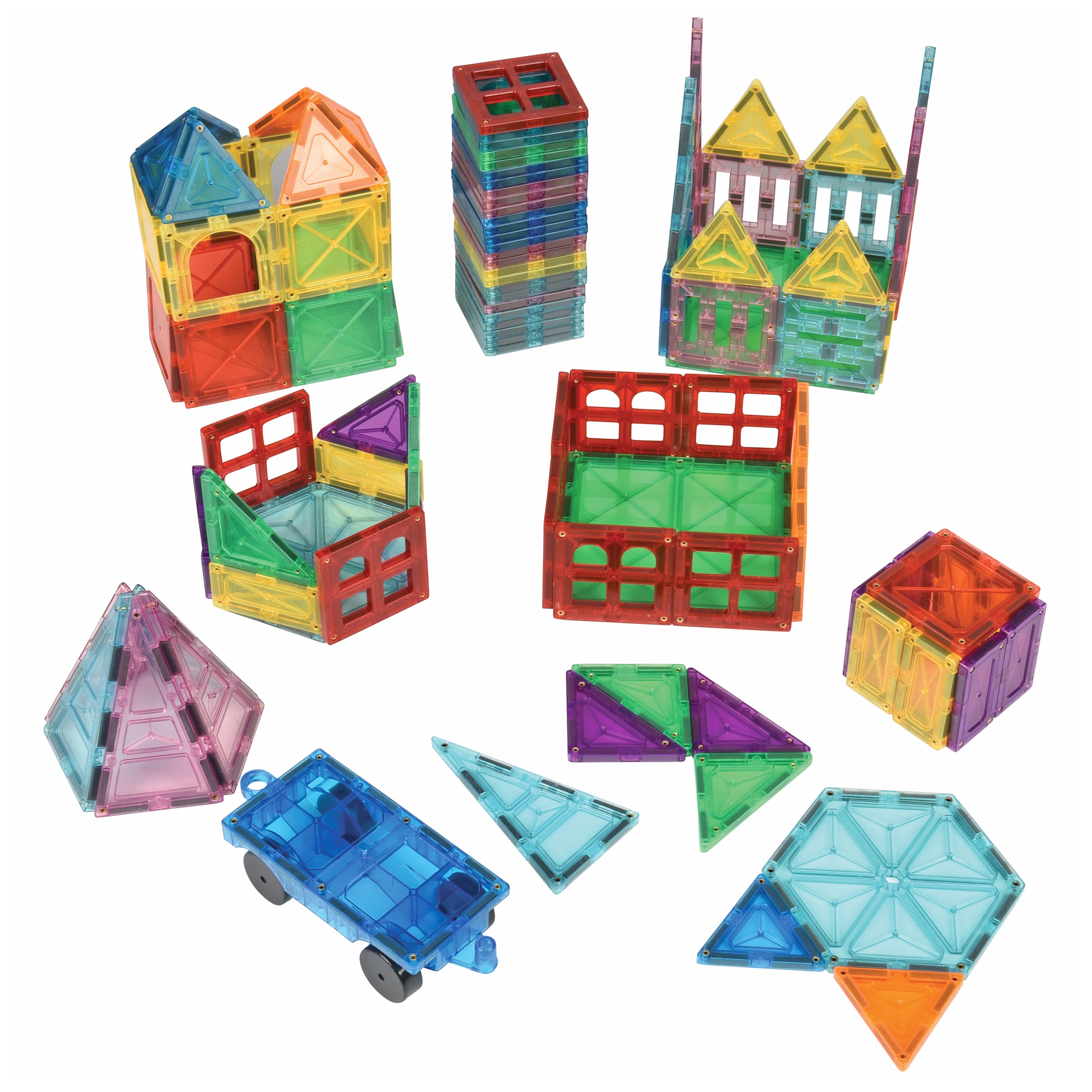 Colorful magnetic building blocks arranged in various shapes on a white background