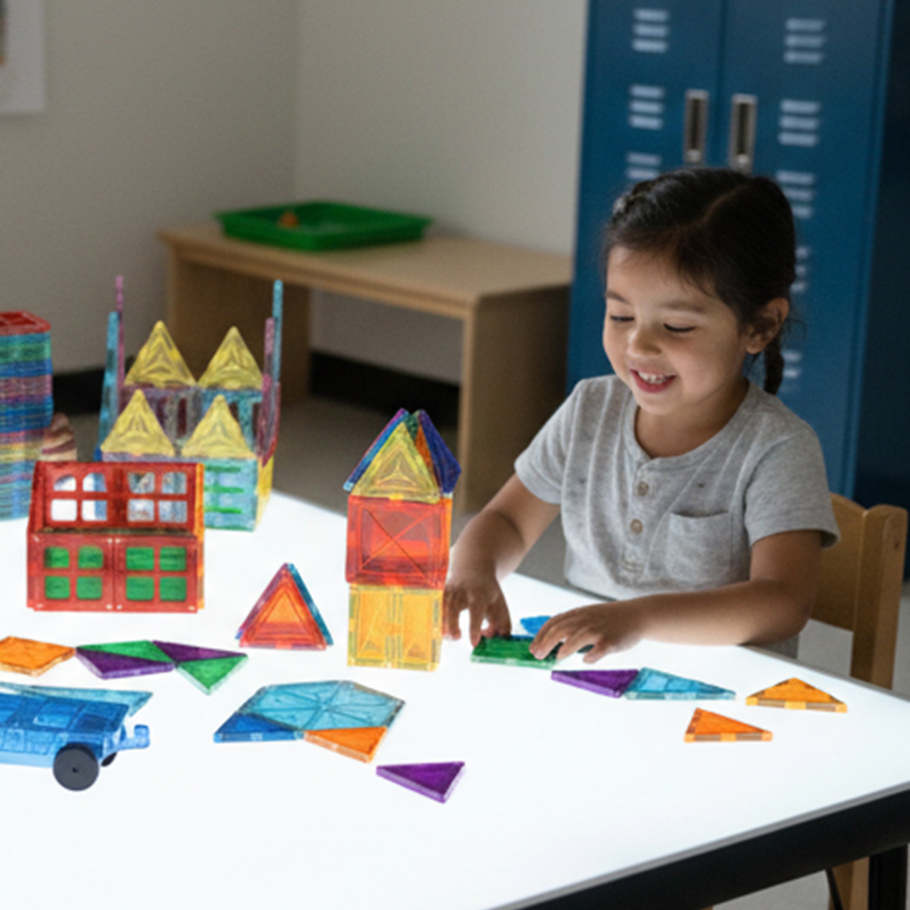 Child playing with colorful magnetic building blocks at a table.