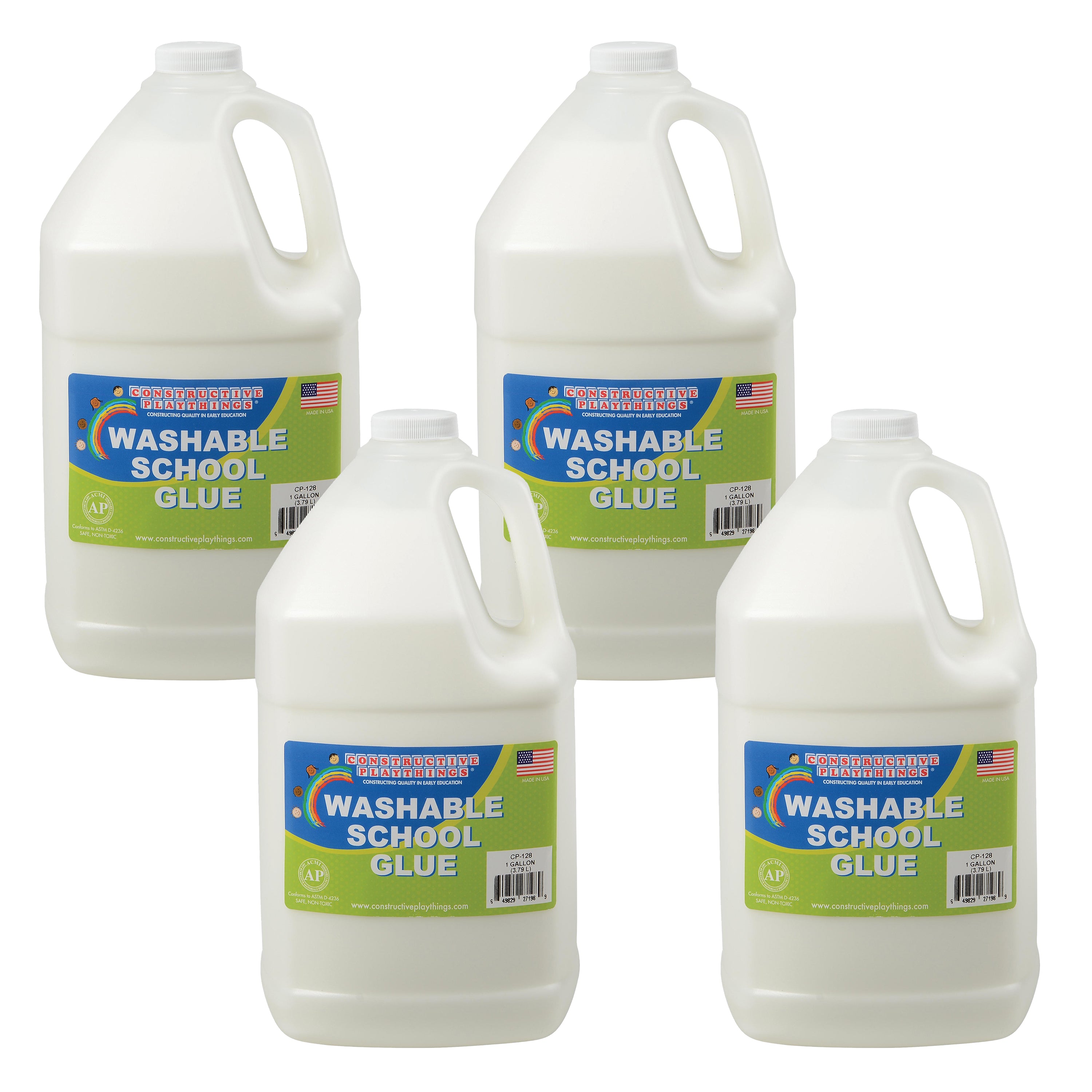 Four gallons of washable school glue on a white background