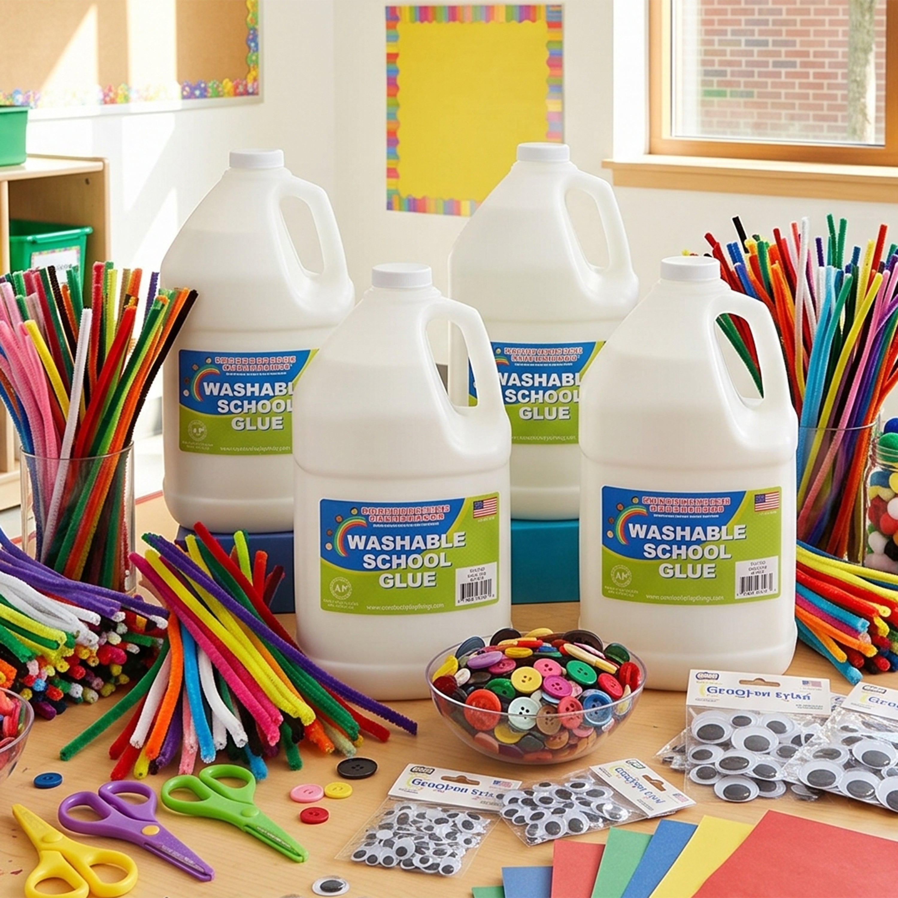 Gallon Jugs of Washable School Glue with classroom supplies on a table