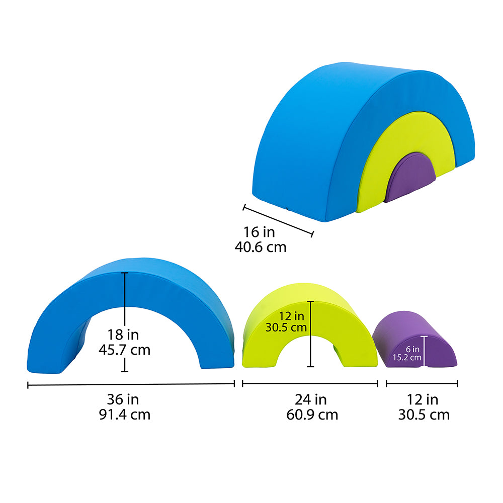 Colorful arch-shaped blocks with measurements on a white background