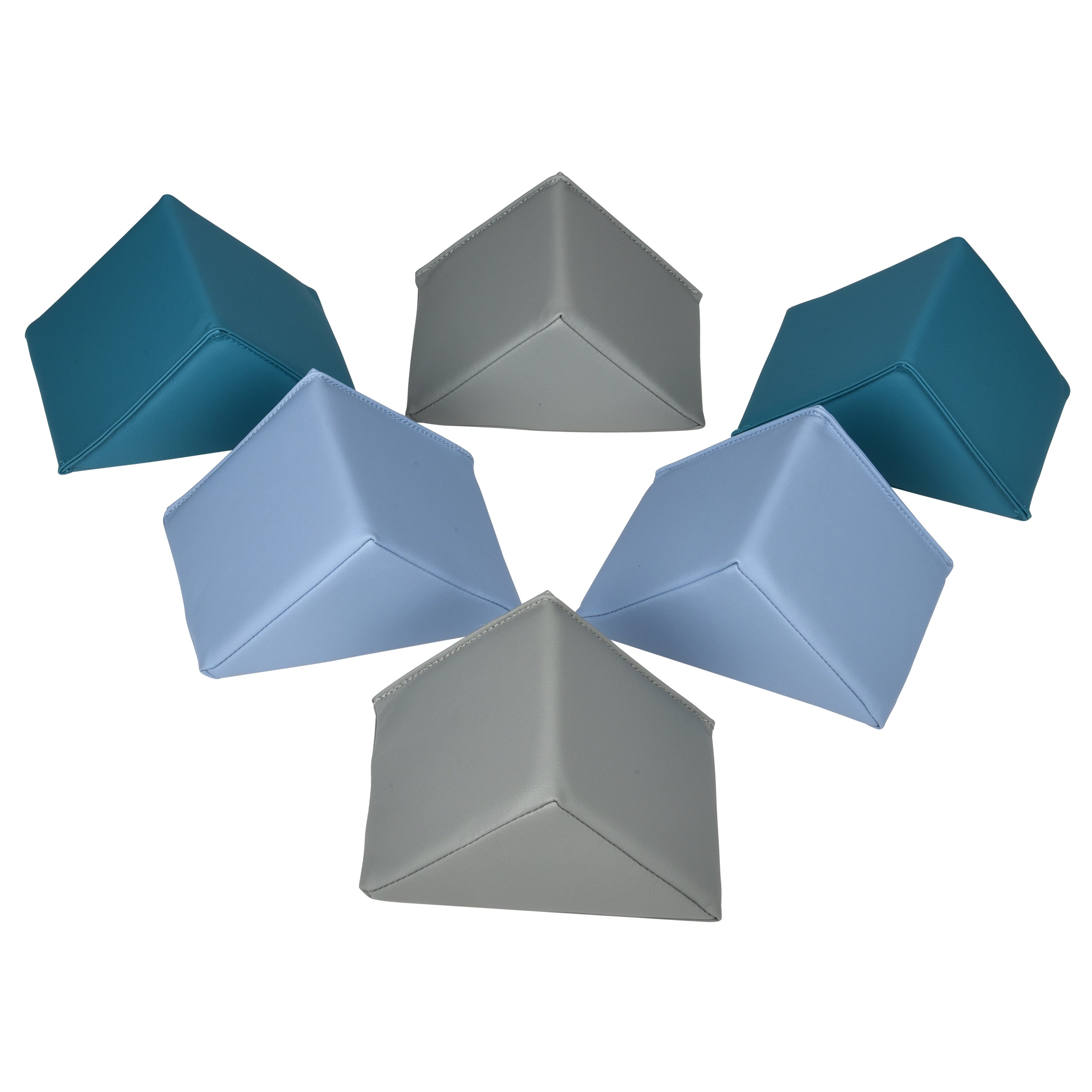 Five pyramid-shaped objects in blue and gray on a white background