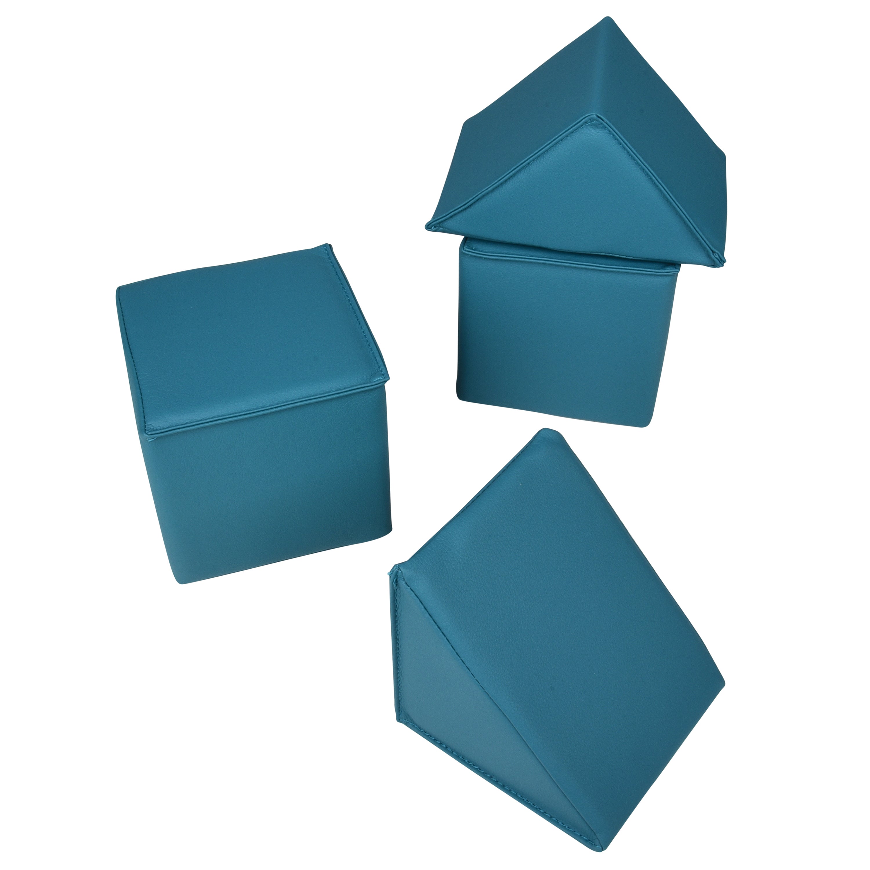 Four teal-colored geometric blocks on a white background