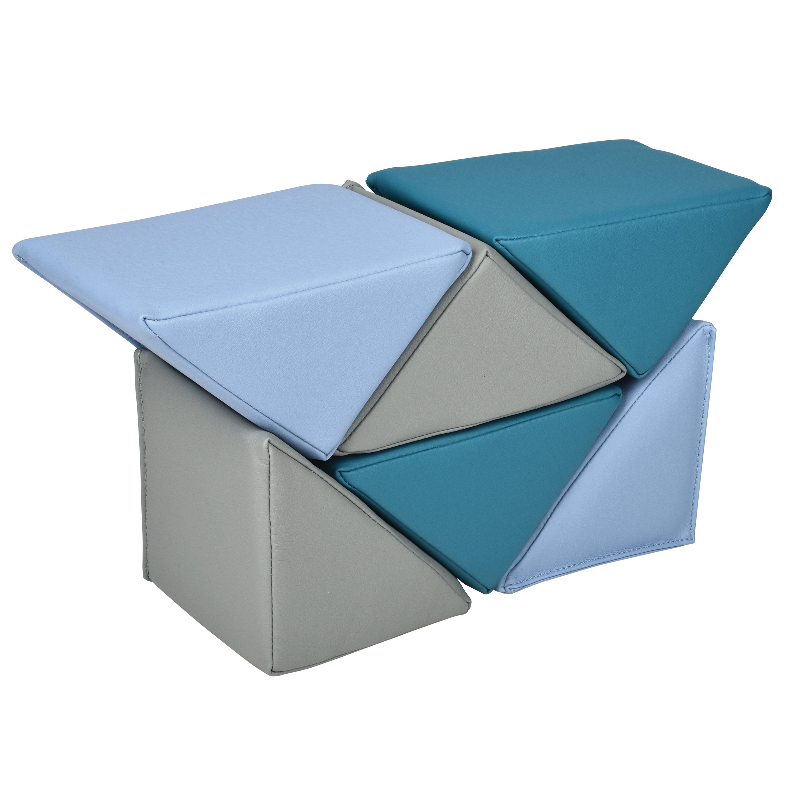 Geometrically shaped blocks with blue, gray, and teal colors on a white background