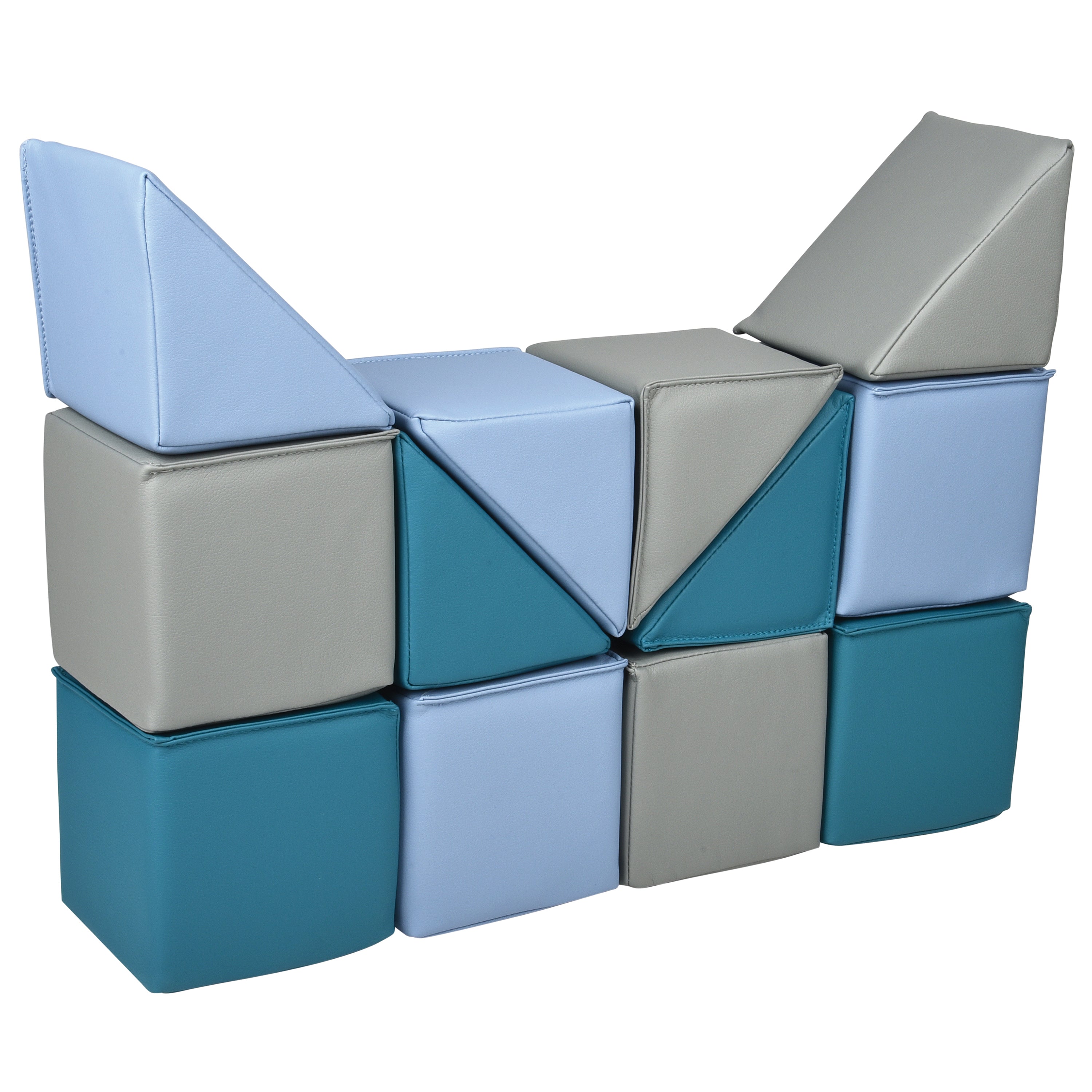 interlocking foam blocks in blue, gray, and teal on a white background.