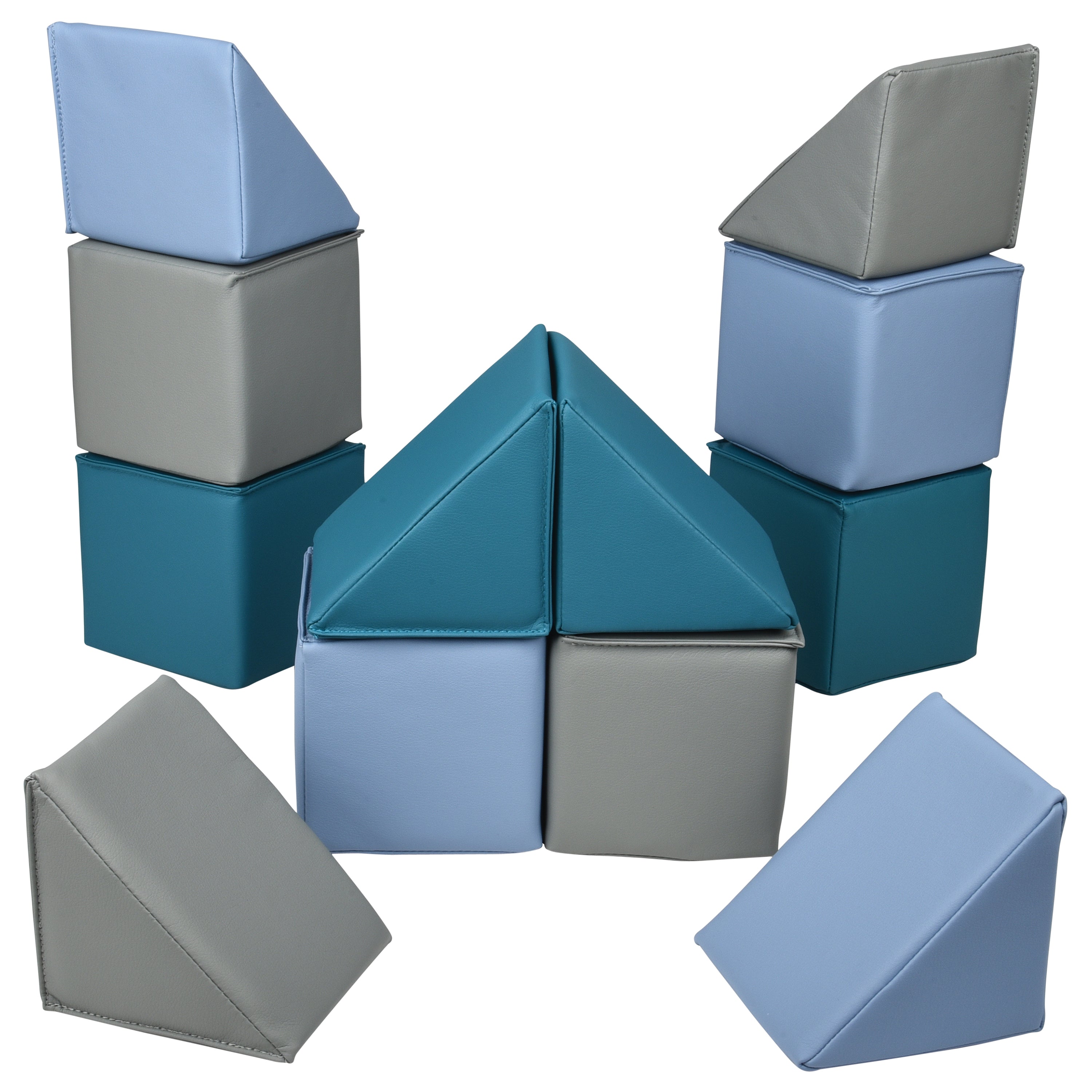 Set of geometric foam blocks in blue and gray on a white background