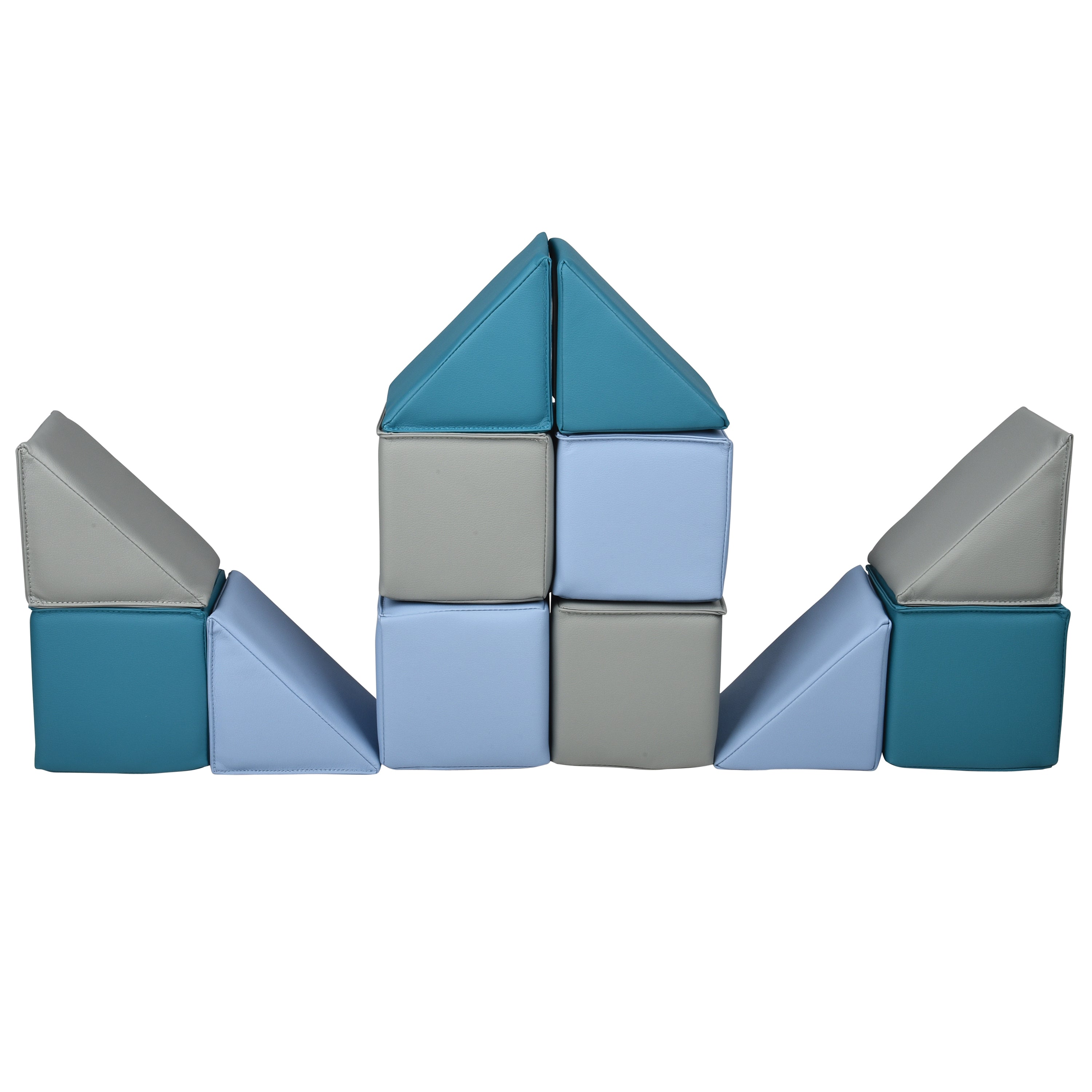 Stack of blue and gray soft blocks on a white background