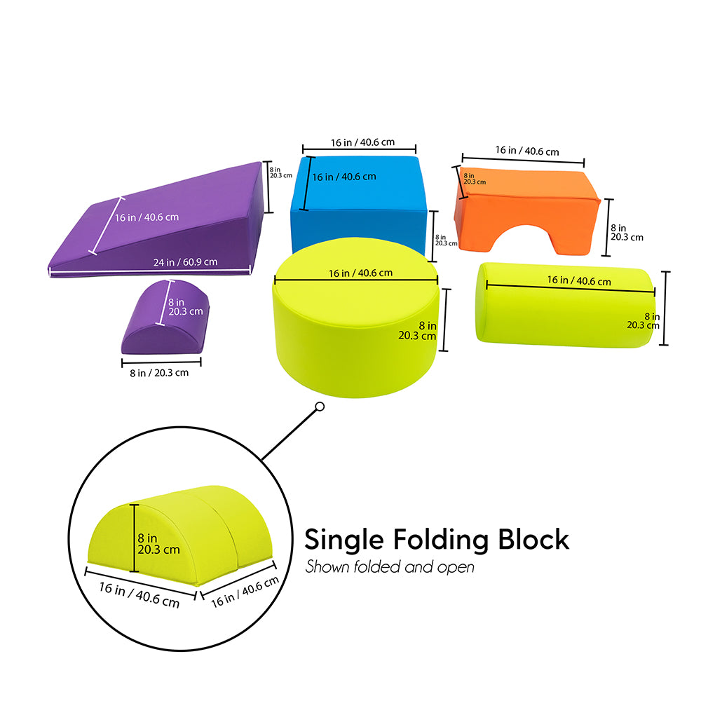 Colorful folding blocks with dimensions on a white background