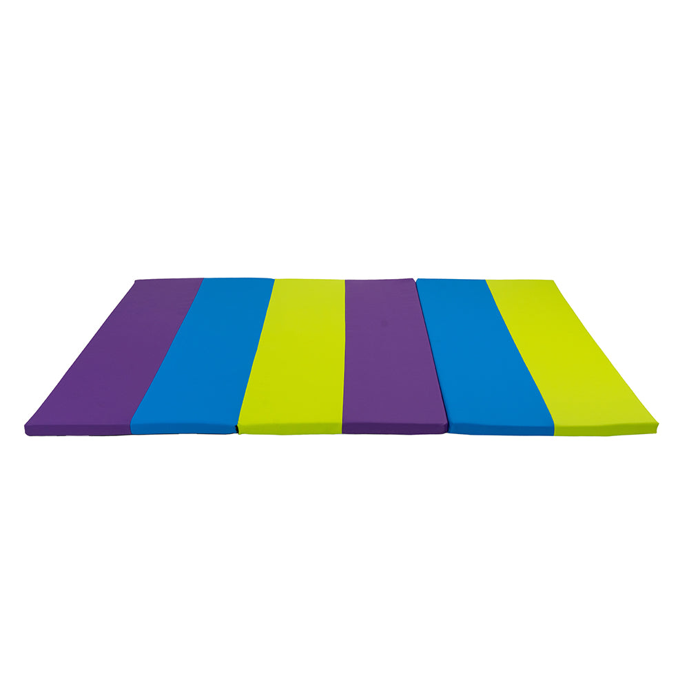 Colorful striped mat with purple, blue, and green colors on a white background