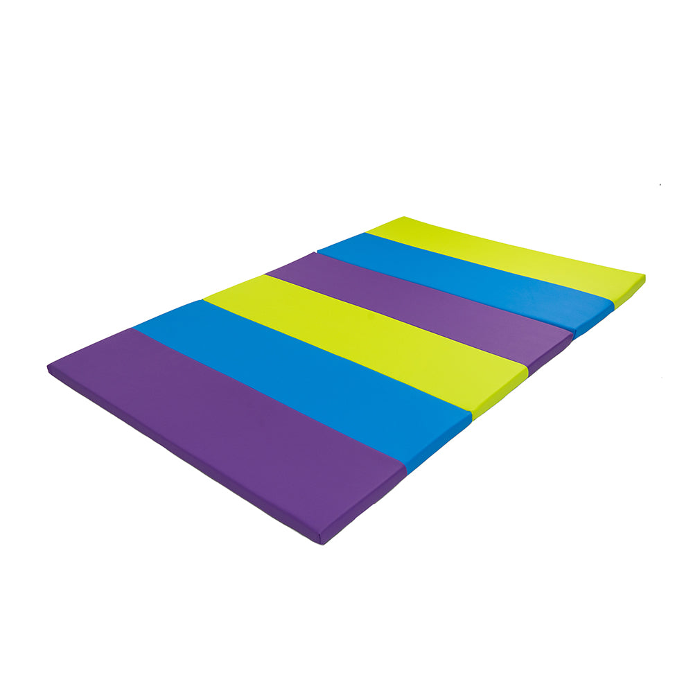 Colorful striped mat with purple, blue, green, and yellow sections on a white background