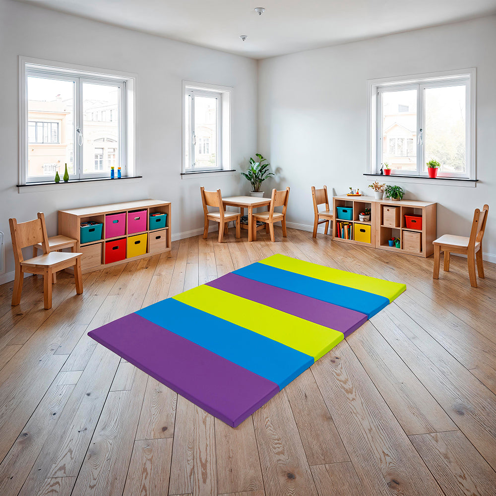 Colorful striped mat on a wooden floor with wooden furniture and bookshelves in a room.