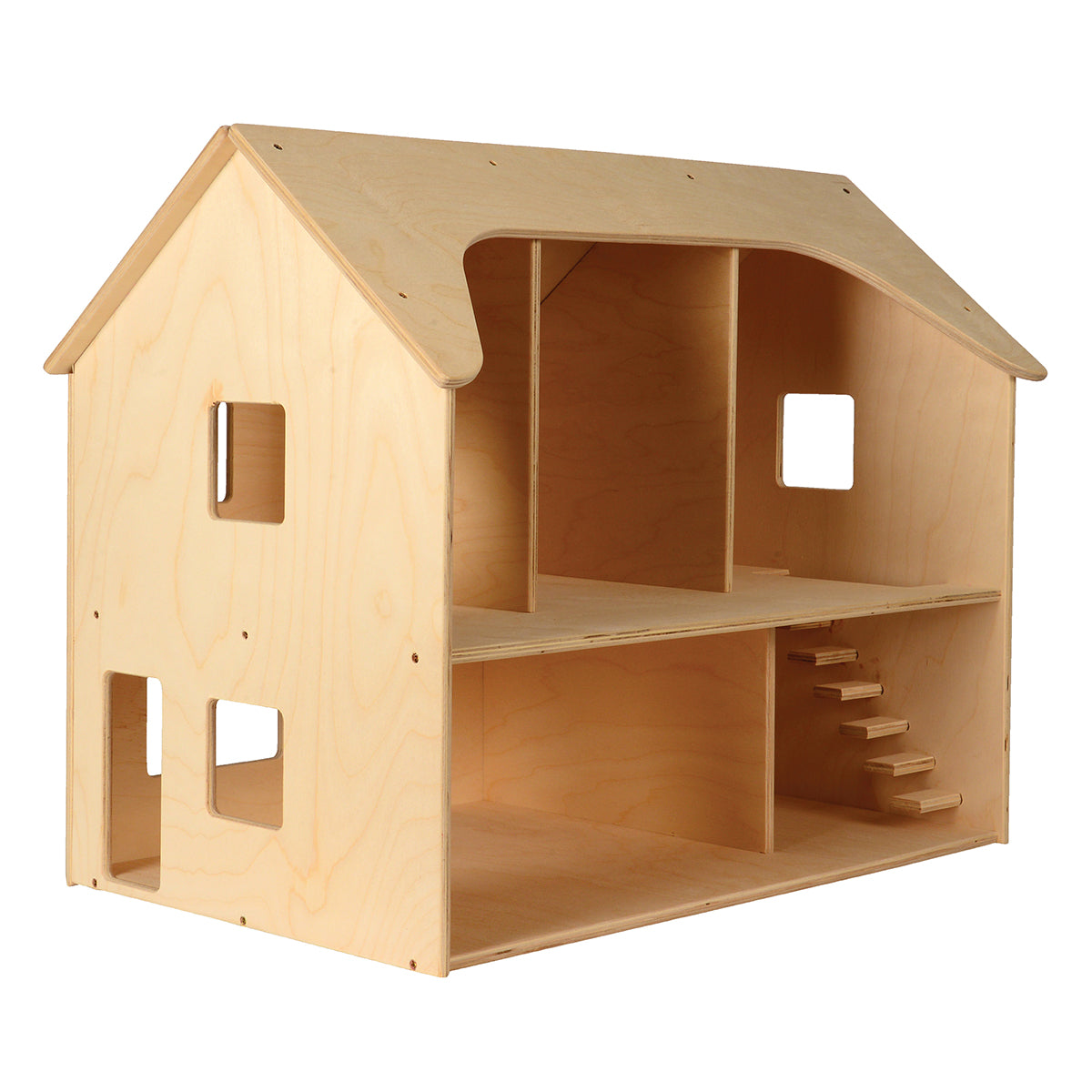 Wooden dollhouse with a staircase on a white background