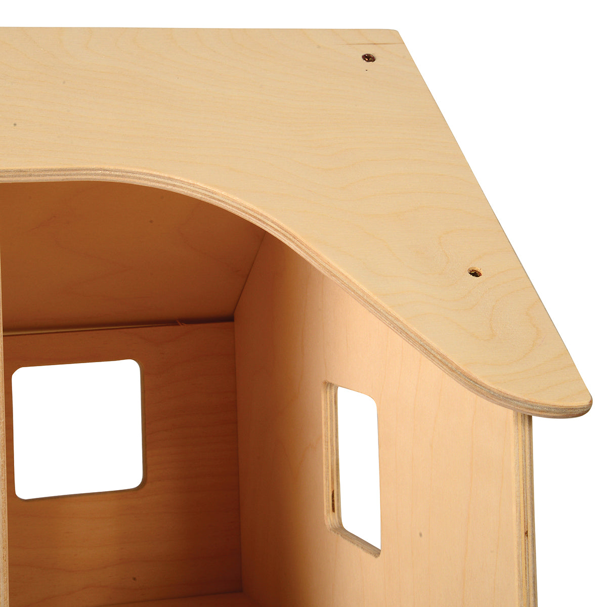Wooden playhouse with a flat roof and square windows on a white background