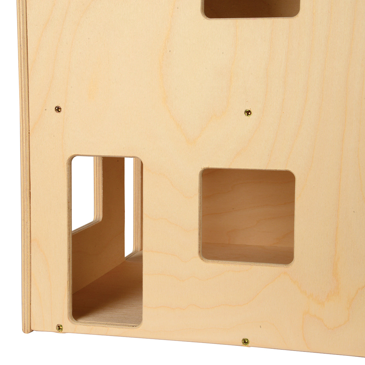 Wooden toy structure with cut-out holes on a white background