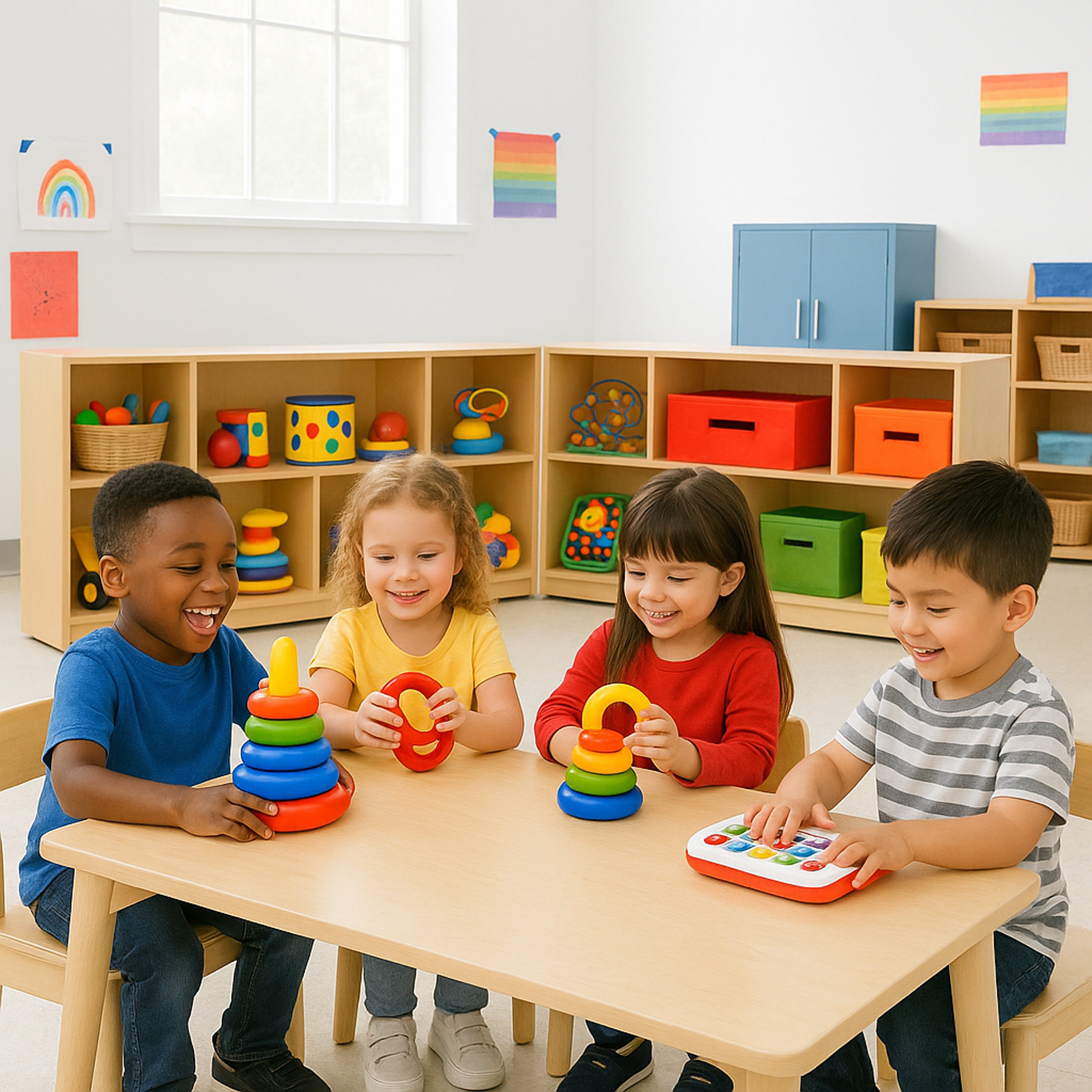 Four children playing with colorful educational toys in a classroom setting.