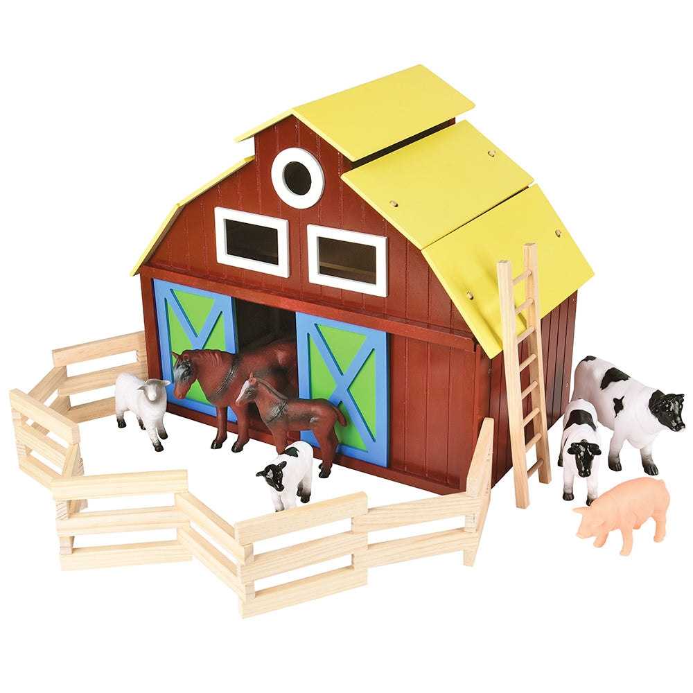 Large Wooden Farm Barn Playset with Oversized Animals (7-Piece Set)