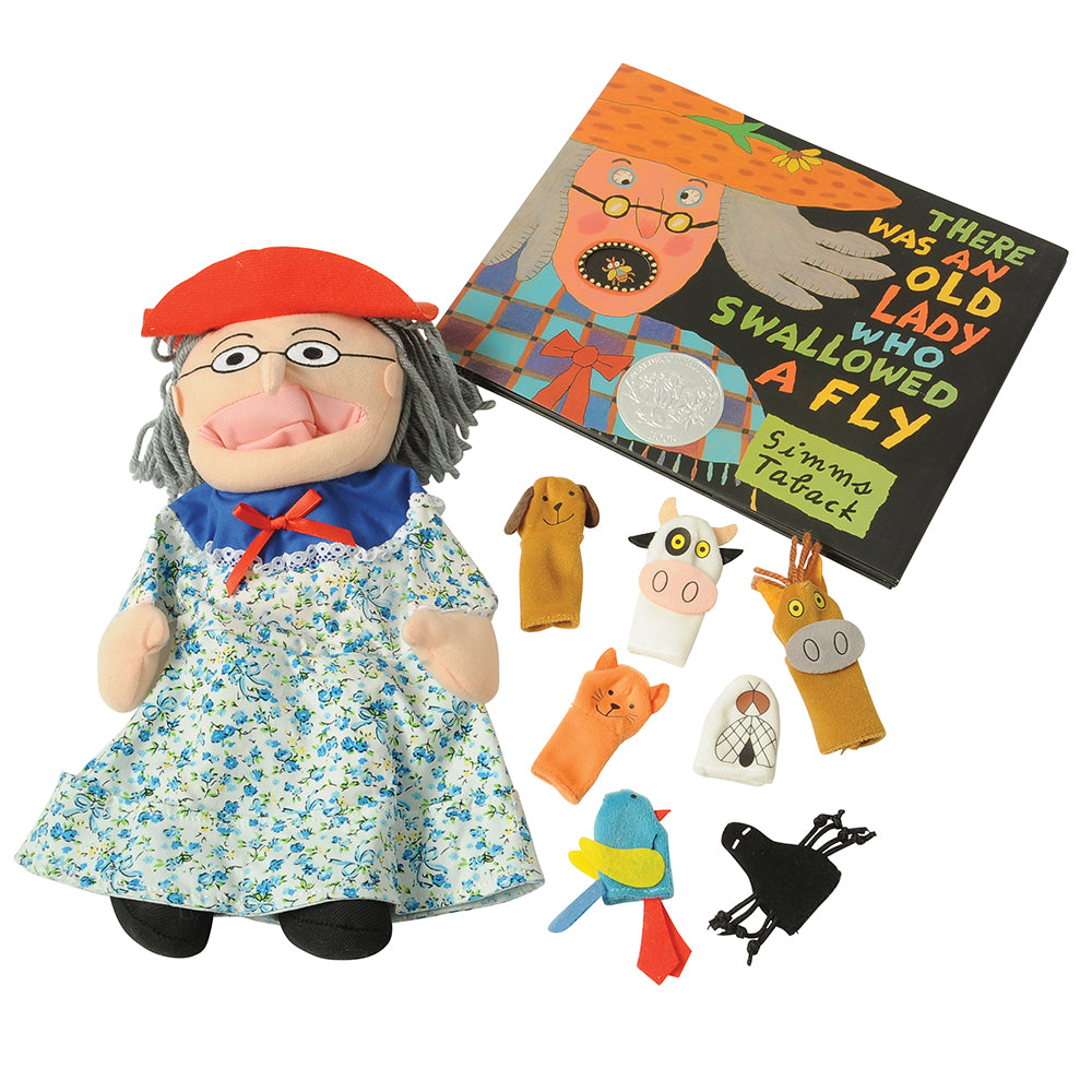 There Was an Old Lady Storytelling Puppet & Book Set | 8-Piece Doll and Finger Puppet Kit