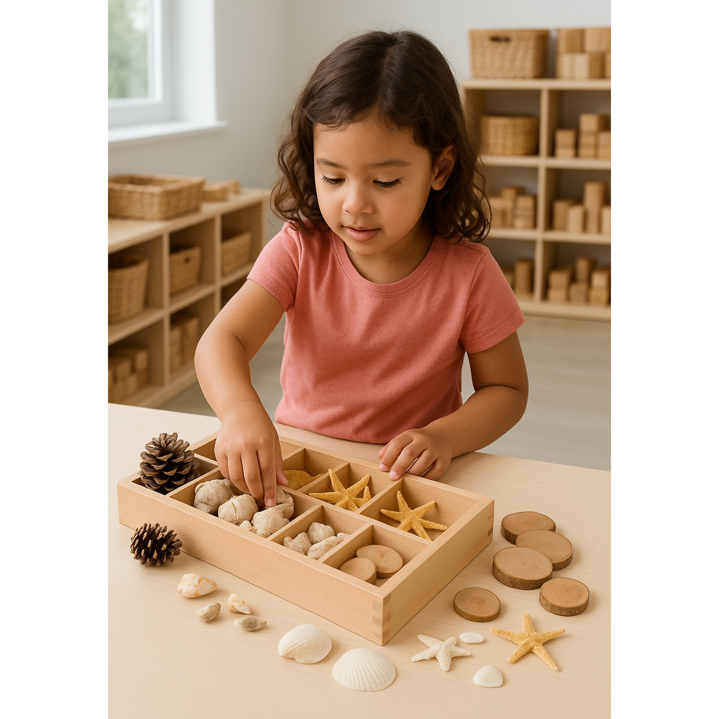 Includes Star Fish, Seashells, Pine Cones, and Tree Rings to sort and classify in the included Wood Sorting Box.
