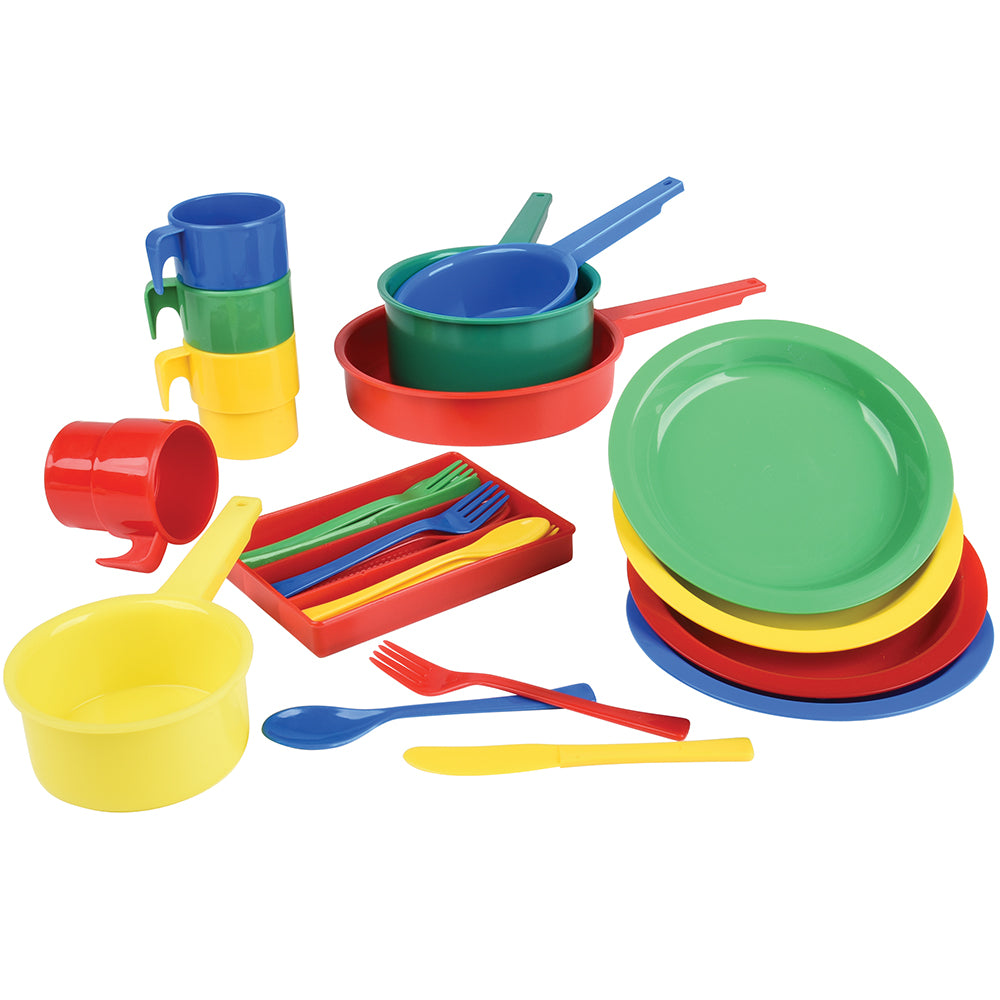 Toy Plates and Pots and Pans in Primary Colors