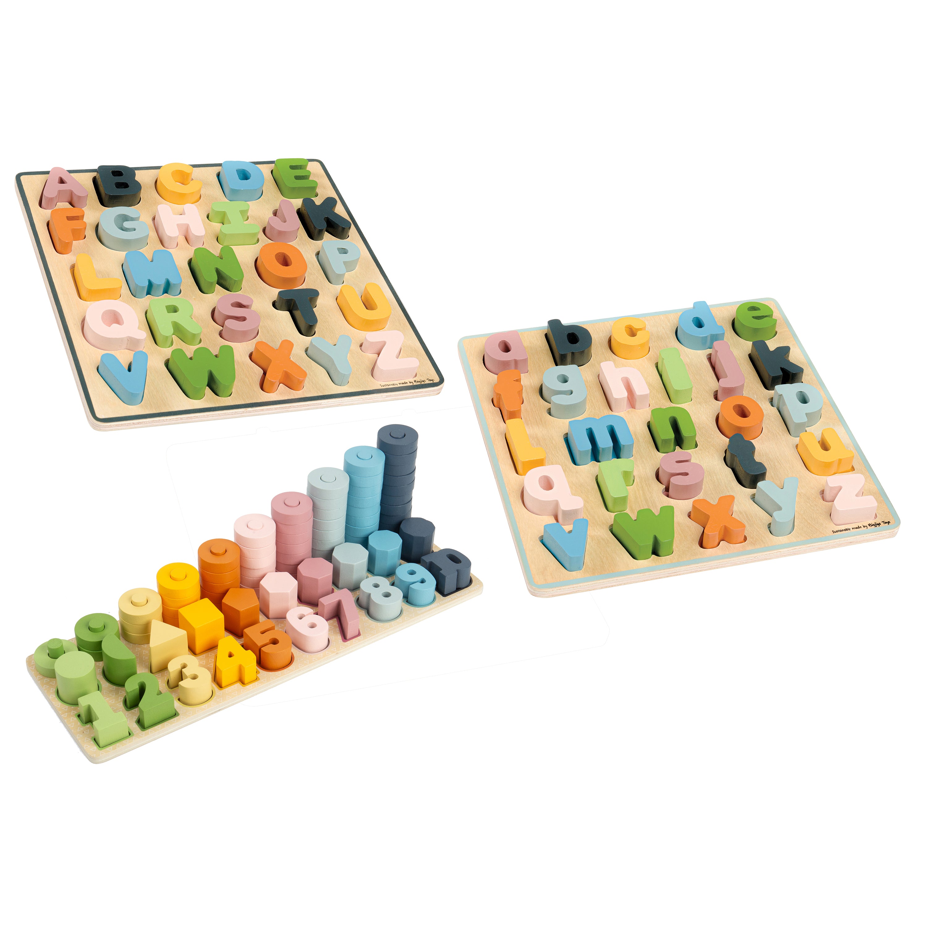 Set of wooden alphabet and number puzzles on a white background