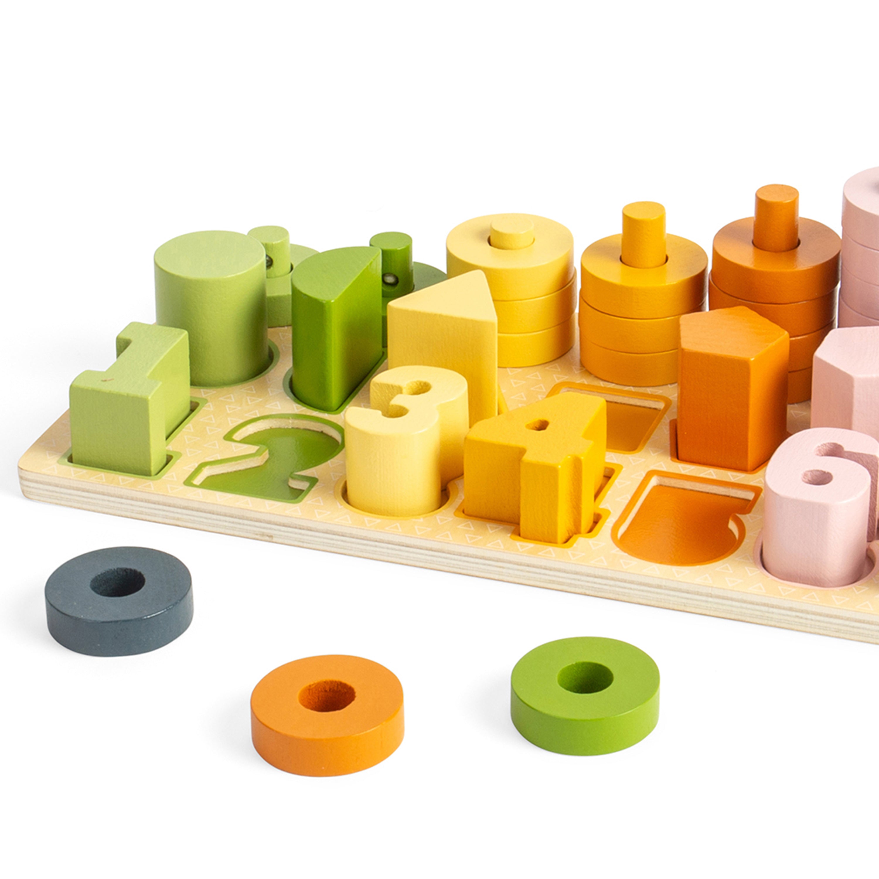 Colorful wooden shape sorting toy on a white background