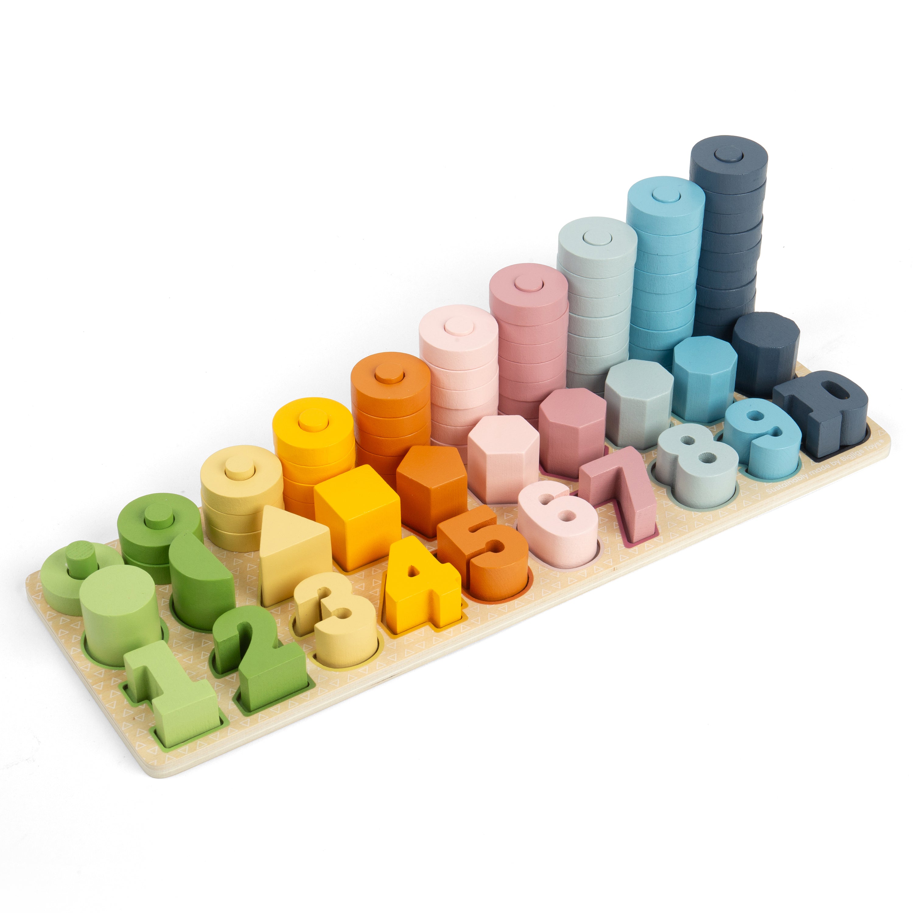 Colorful wooden number blocks on a white background