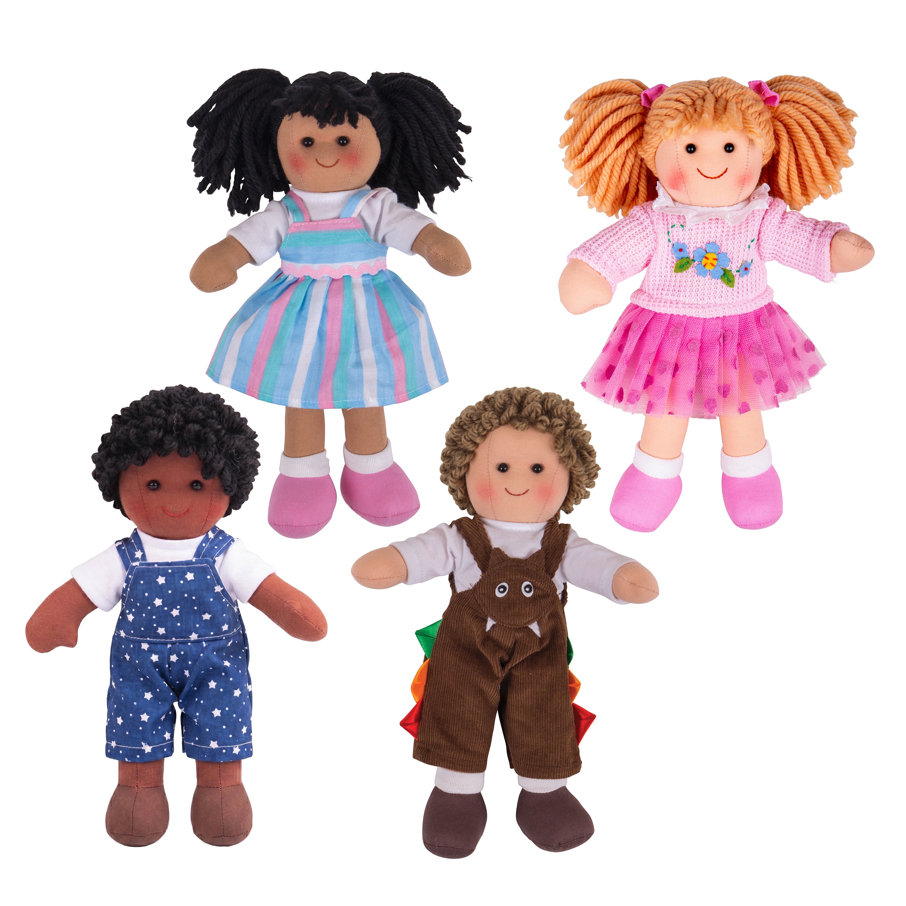 Four dolls with different hairstyles and outfits on a white background