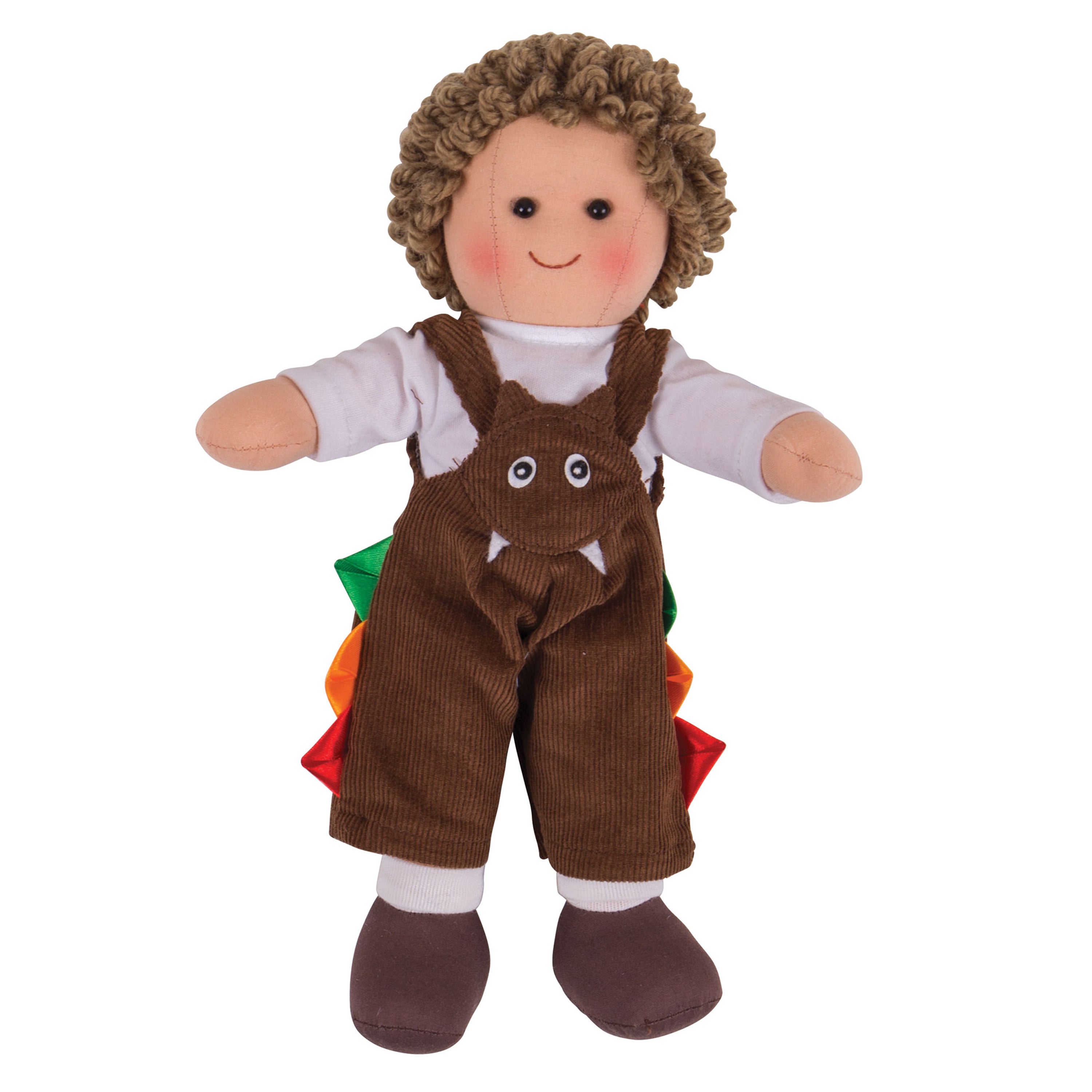 Plush toy with brown overalls and curly hair on a white background