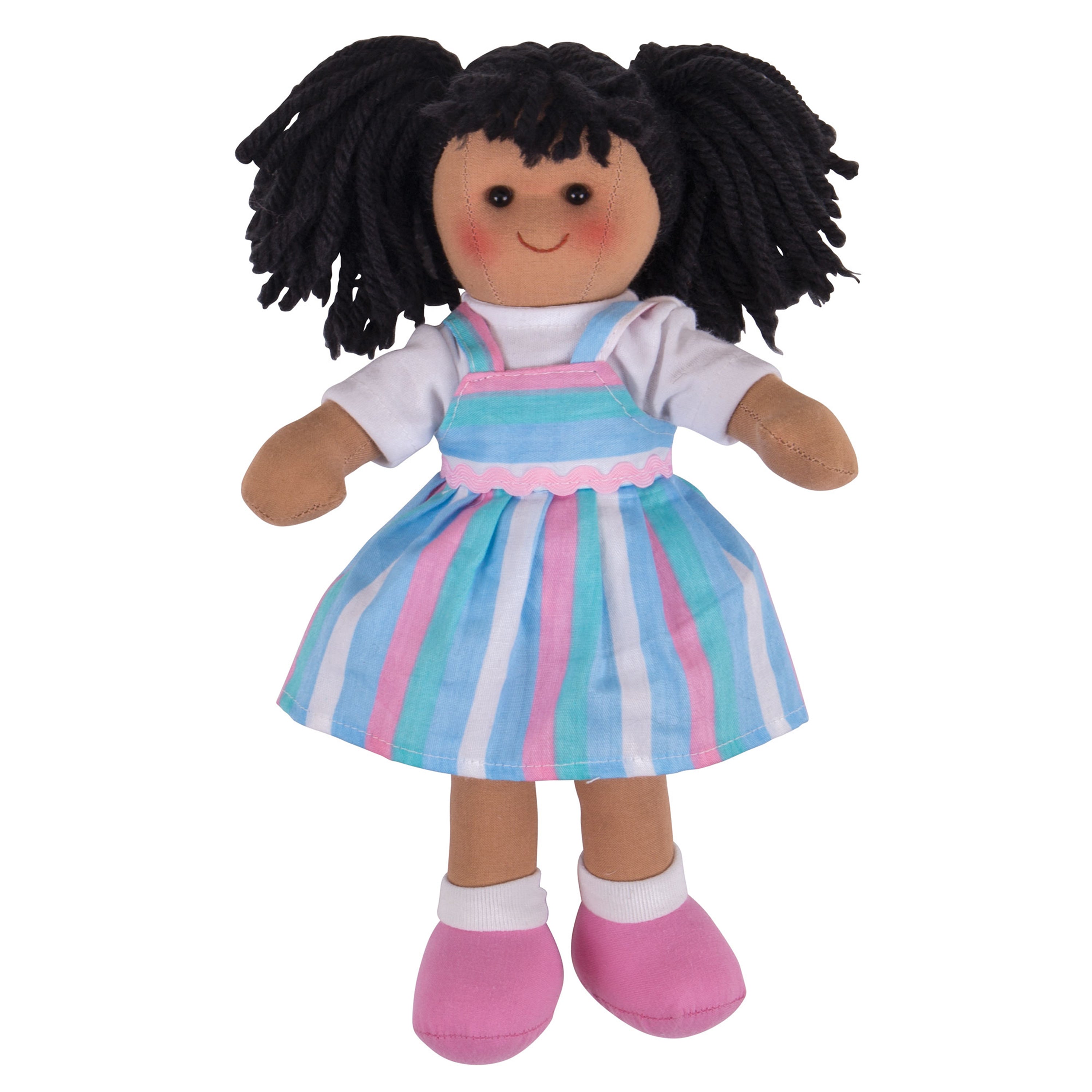 Doll with black hair in pigtails wearing a colorful striped dress on a white background