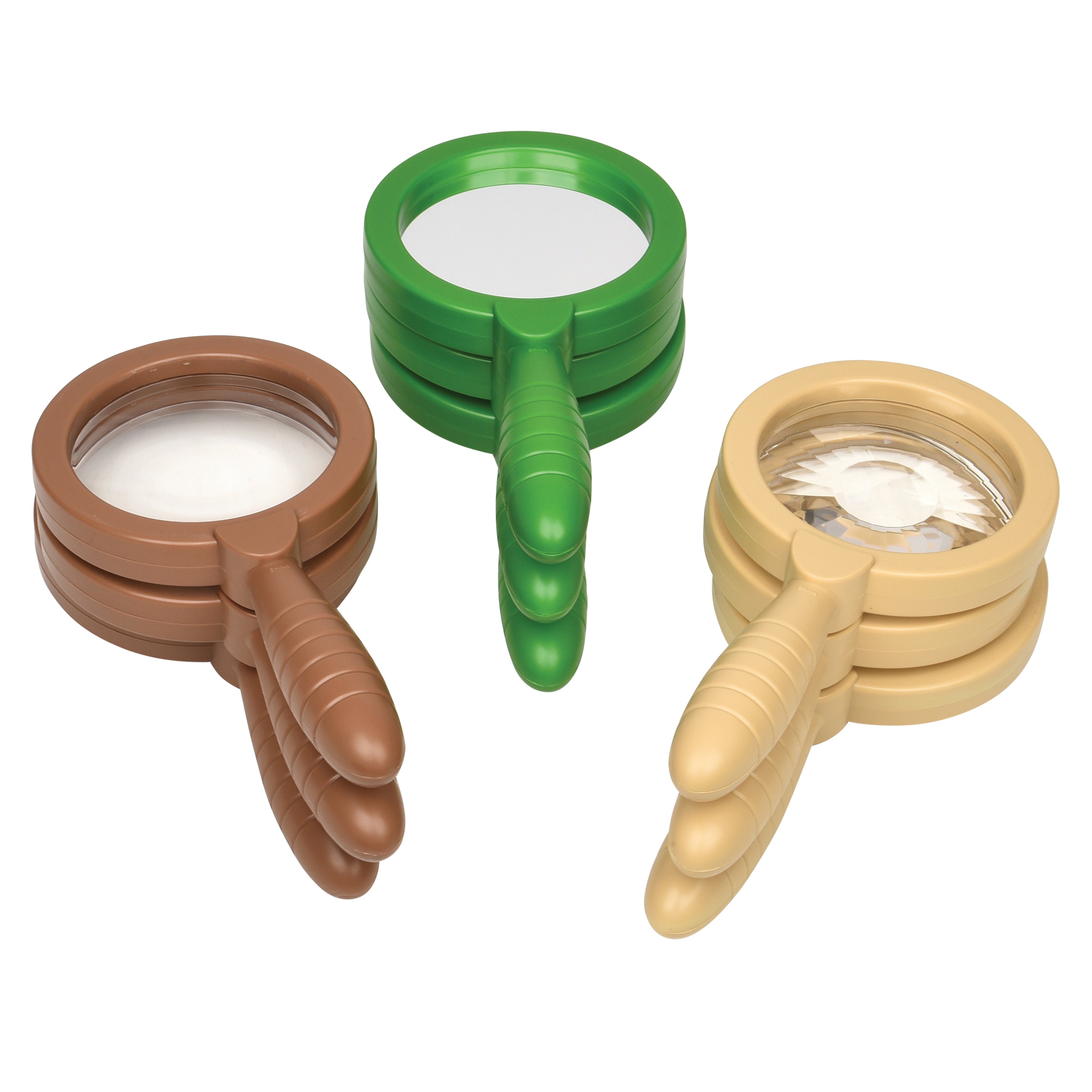 Three magnifying glasses in green, brown, and beige on a white background