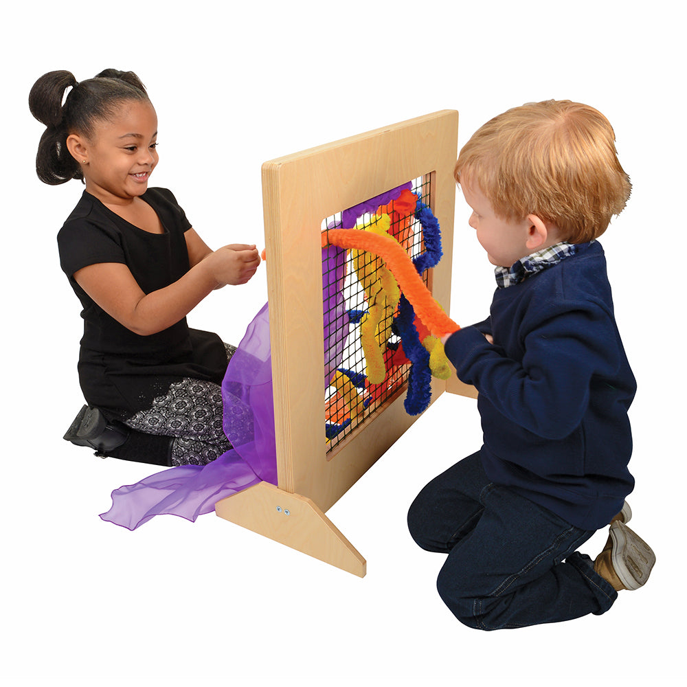 Two Kids Engaging with Classroom Weaving Frame