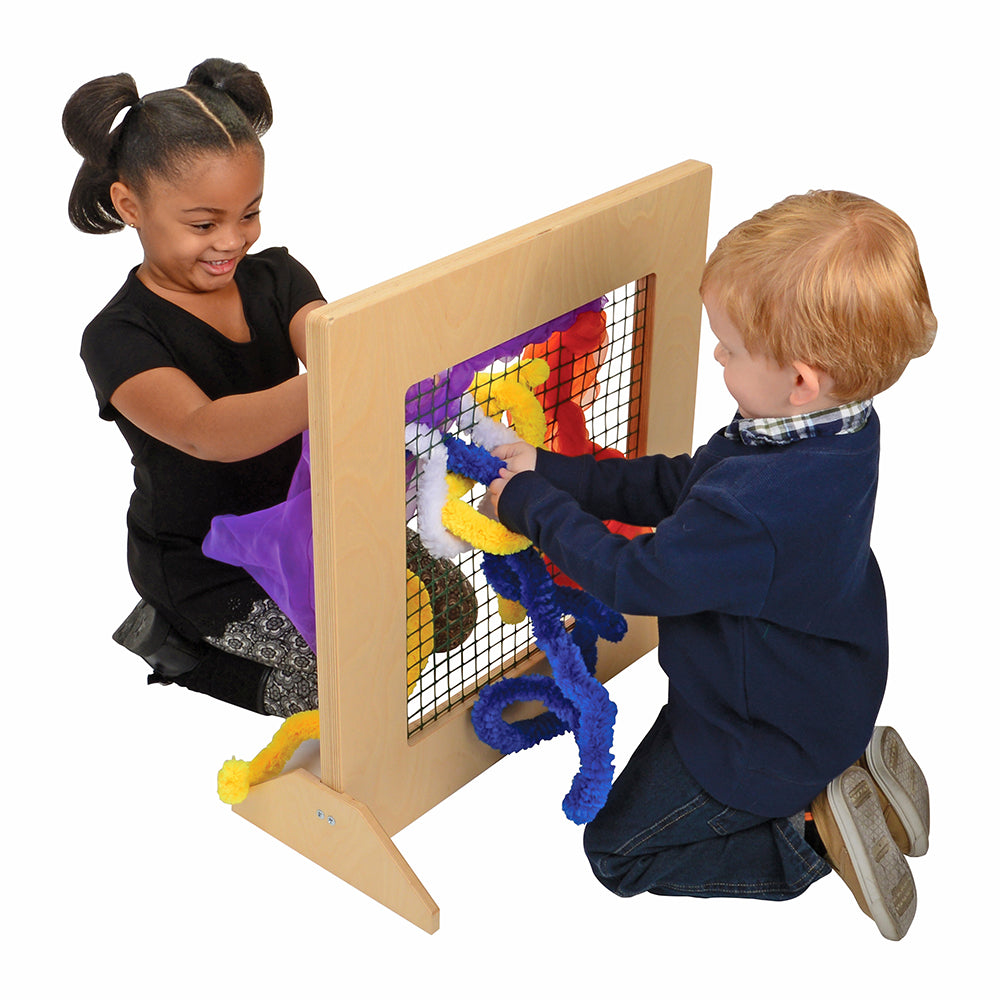 Two Kids Engaging with Classroom Weaving Frame